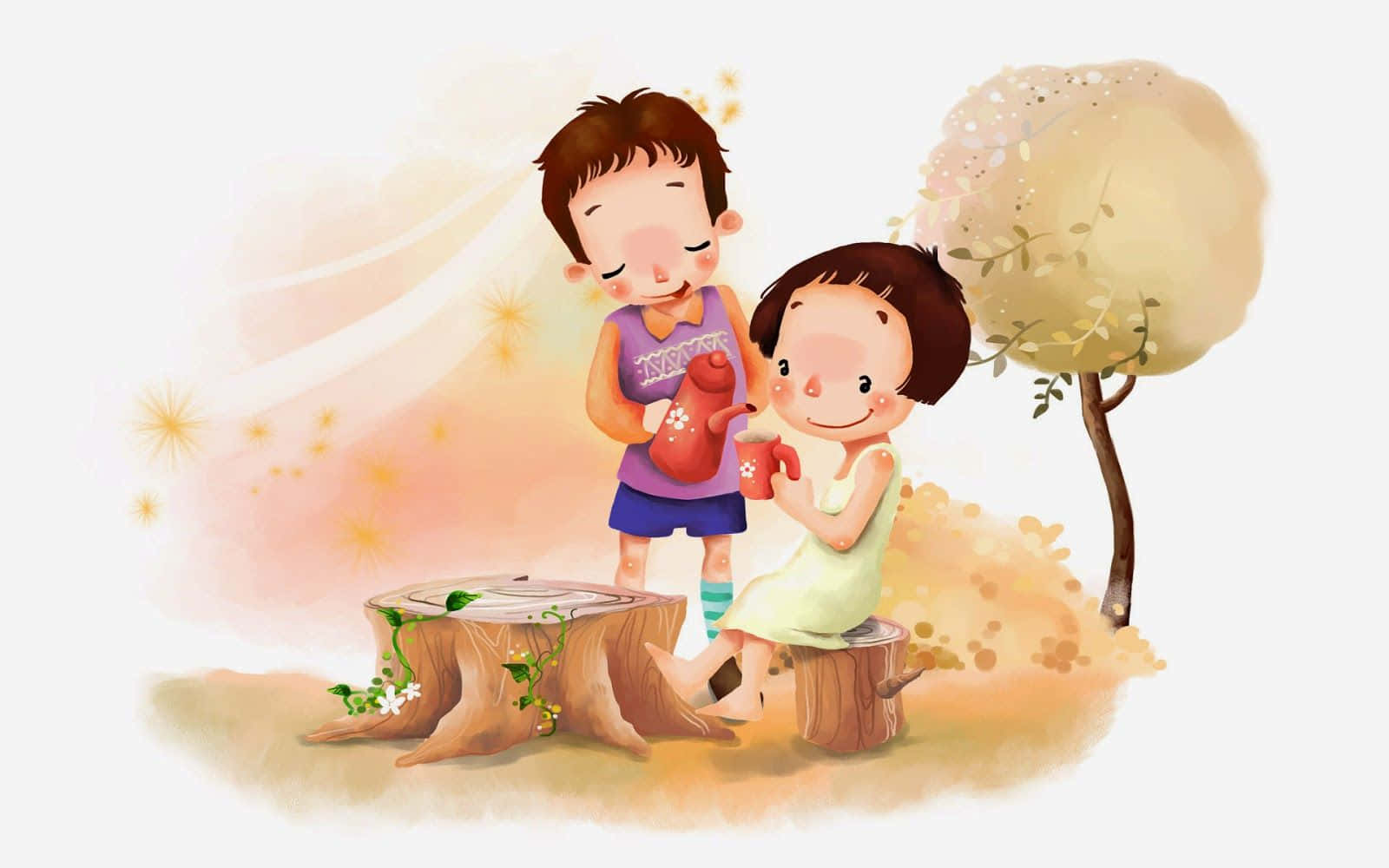 兩個孩子在春天的花園裡坐在樹樁上喝茶。