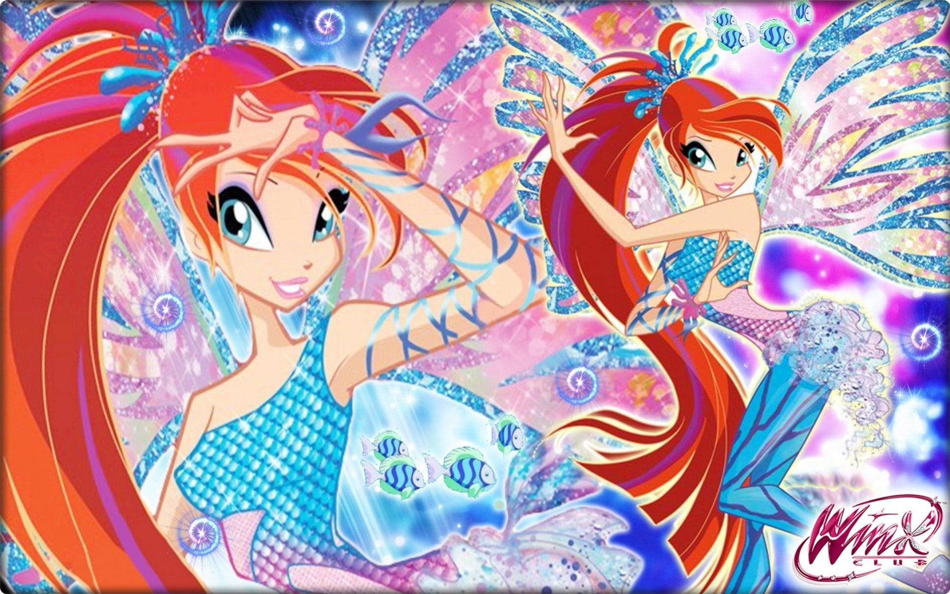 兩位Winx Club的美人魚精靈，紅髮藍尾，在神奇的水下場景中跳舞。