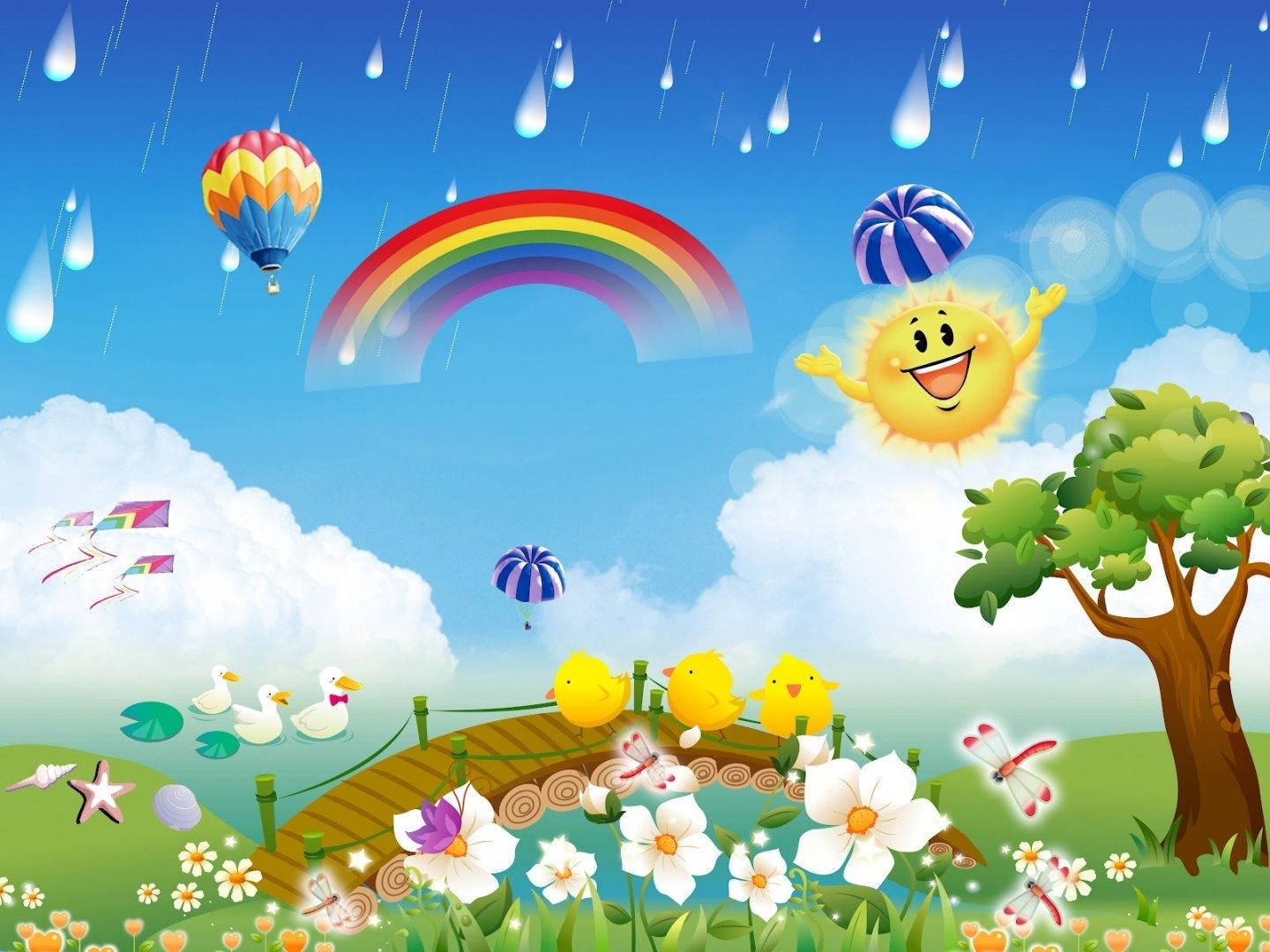 可愛卡通彩虹圖 壁紙 — 一個歡樂的卡通場景，有微笑的太陽、彩虹、雨滴、熱氣球，以及池塘上橋上的黃色小雞。