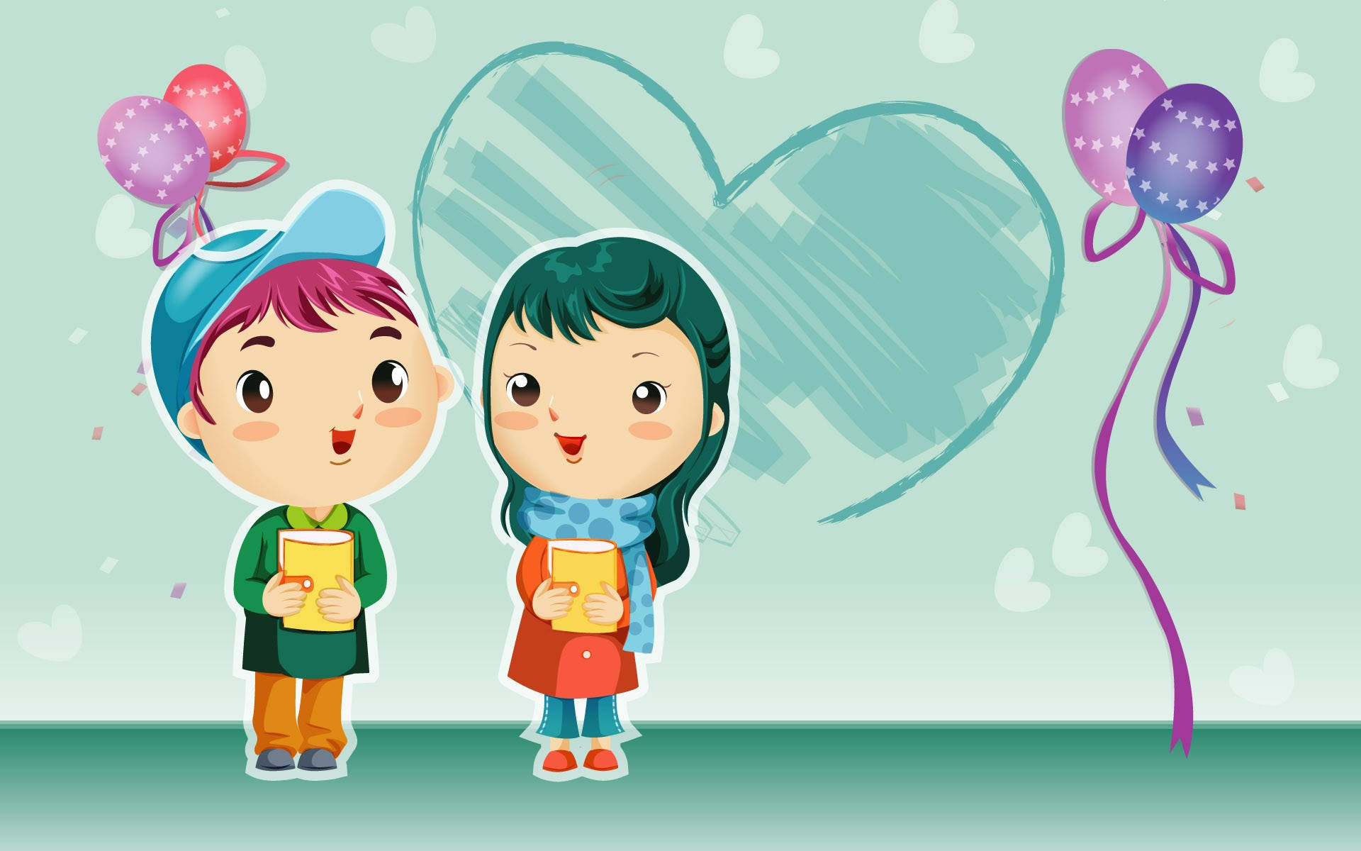 可愛卡通情侶綠心背景 壁紙 — 兩個開心的卡通小孩拿著黃色書本，站在一個大心形前面，附近有節日氣球飄浮。