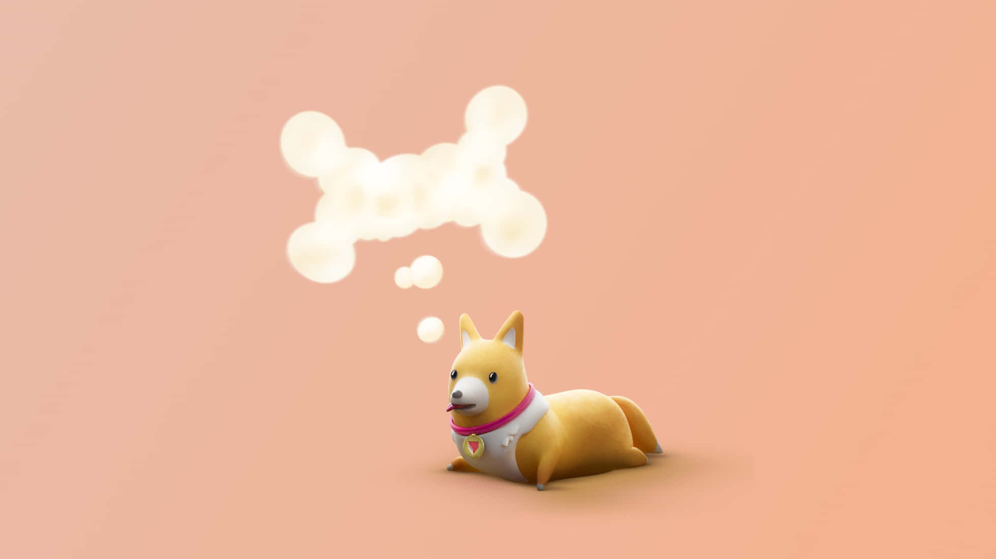 可愛卡通柴犬幻想骨頭 壁紙 — 一隻可愛的3D渲染柯基犬，穿著白色背心和粉紅色項圈，躺在柔軟的桃色背景上，頭頂有一個發光的骨頭形狀的對話氣泡。