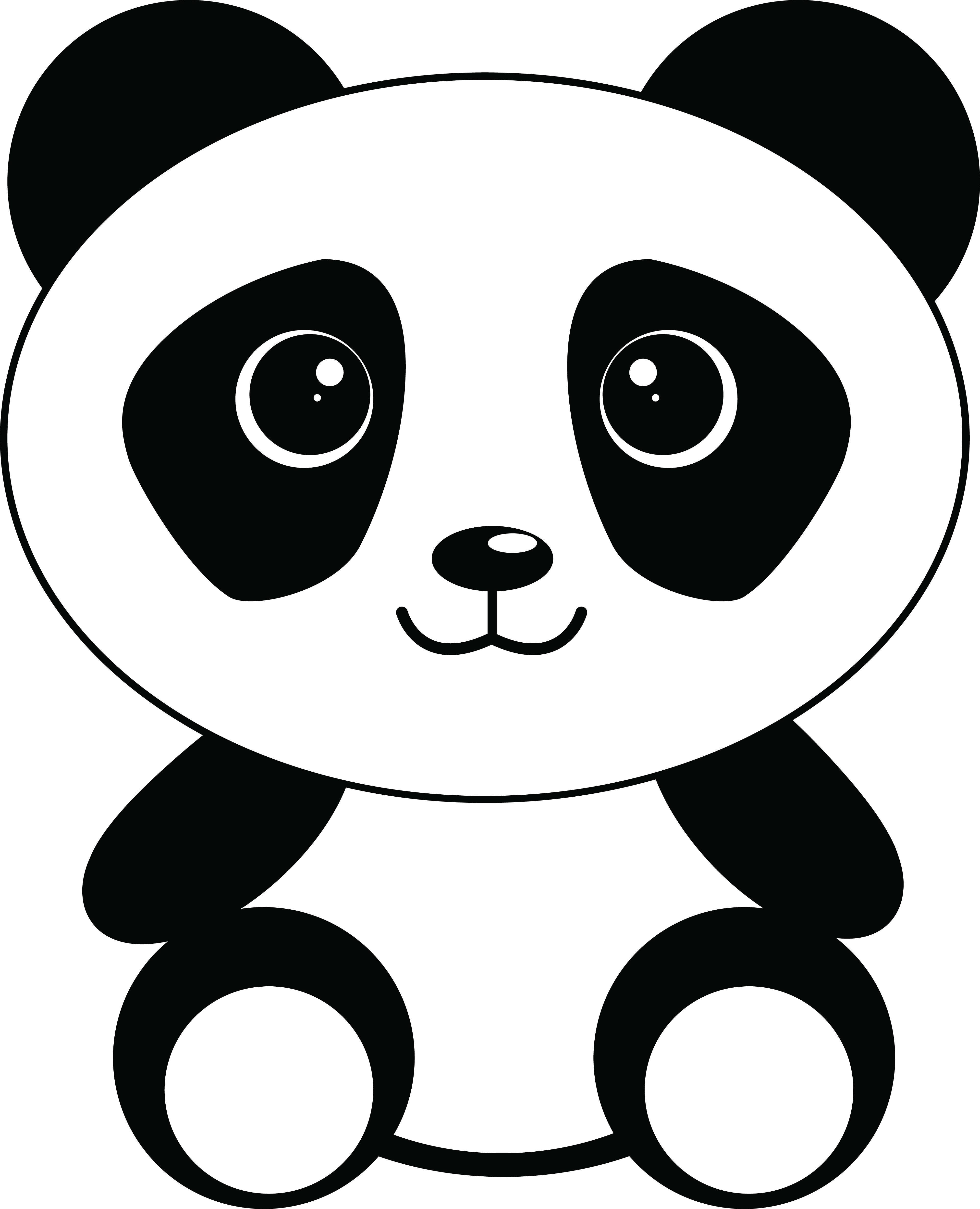 可愛卡通熊貓 壁紙 — 一隻極簡黑白卡通熊貓，有大圓眼和簡單特徵，坐在純黑色背景上。