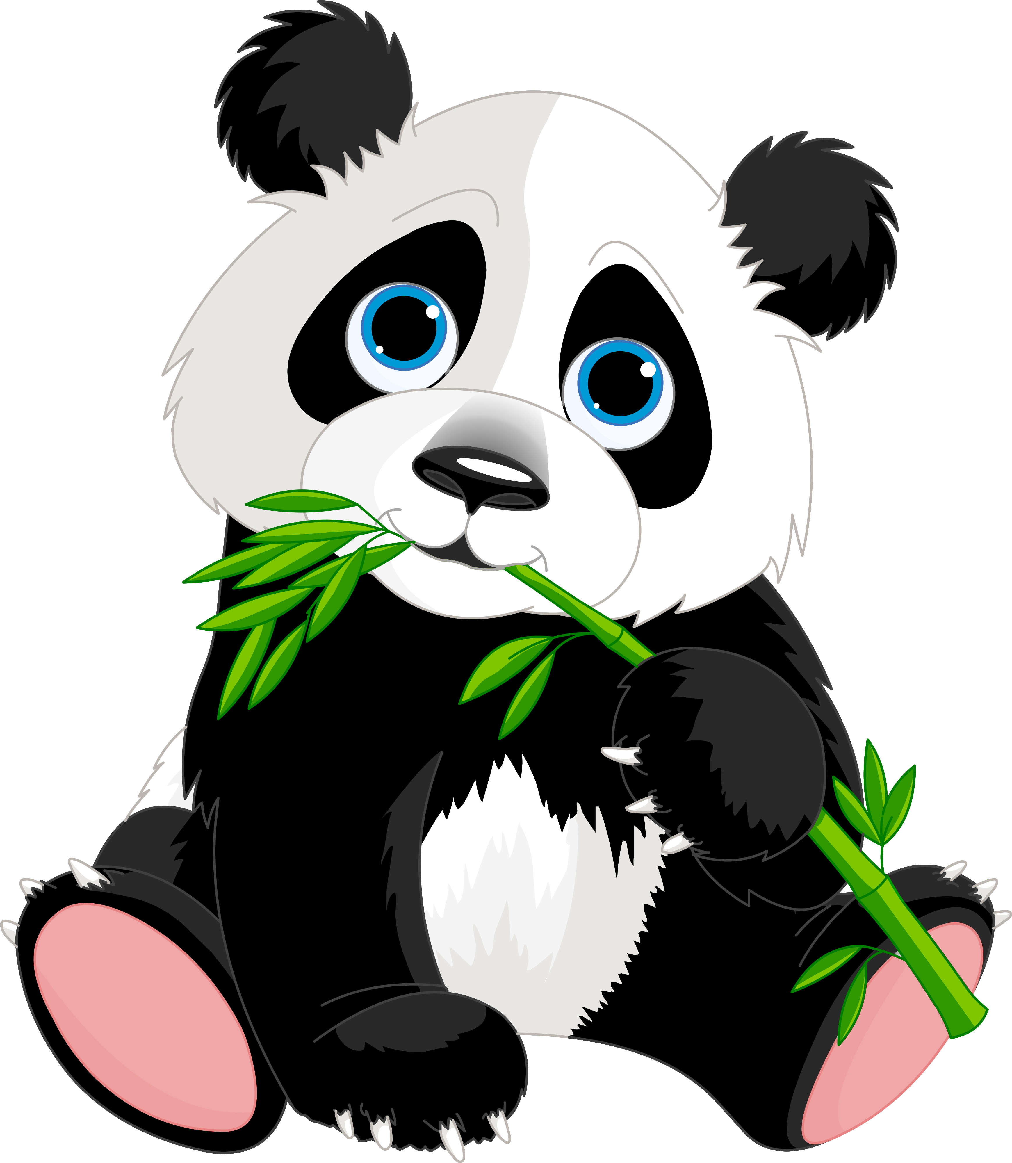 可愛卡通熊貓吃竹子 壁紙 — 一隻可愛的卡通熊貓，藍色眼睛，在黑色背景上嚼著綠色竹子。