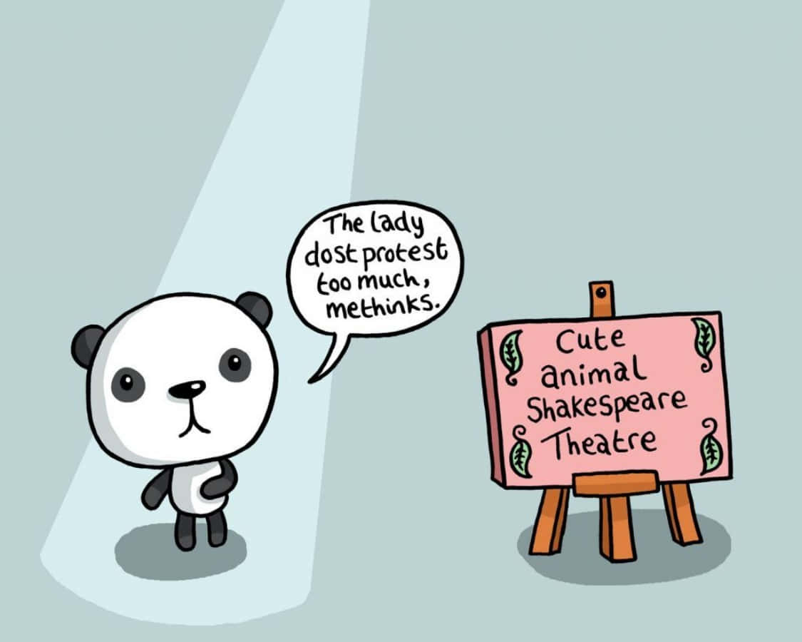 可愛卡通熊貓說話圖 壁紙 — 一隻卡通熊貓在聚光燈下，在「Cute Animal Shakespeare Theatre」標誌旁邊說出莎士比亞的台詞。
