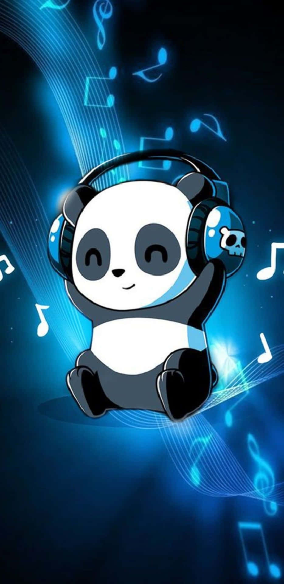 戴著耳機的可愛熊貓被發光的音符包圍。