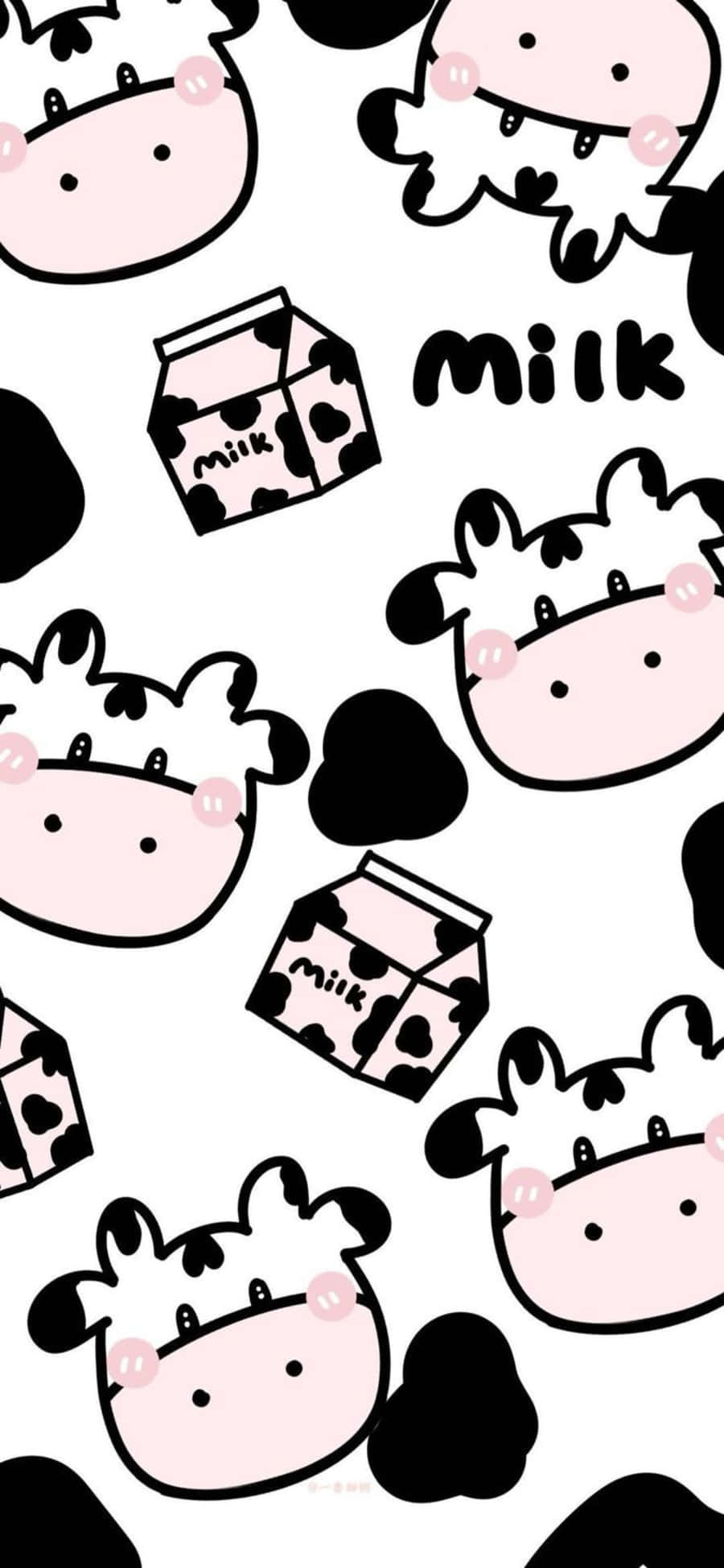Kawaii Cute Cow 桌布 壁紙 — 可愛卡通牛和牛奶盒，黑色和粉紅色，白色背景。