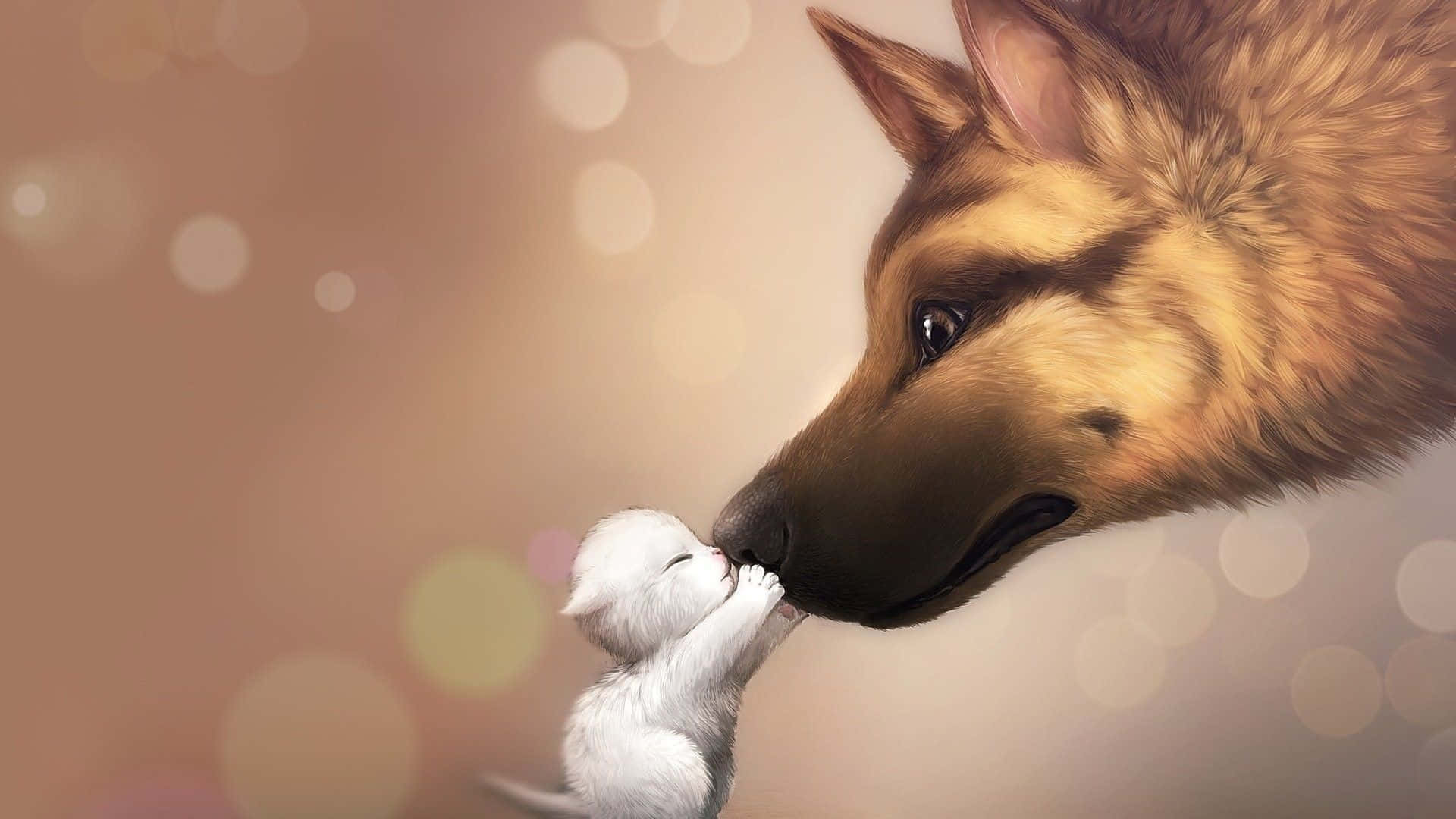 可愛卡通狗與貓咪親吻 壁紙 — 一隻溫柔的德國牧羊犬用鼻子輕蹭一隻白色小貓咪，背景是柔和散景和溫暖金色燈光。