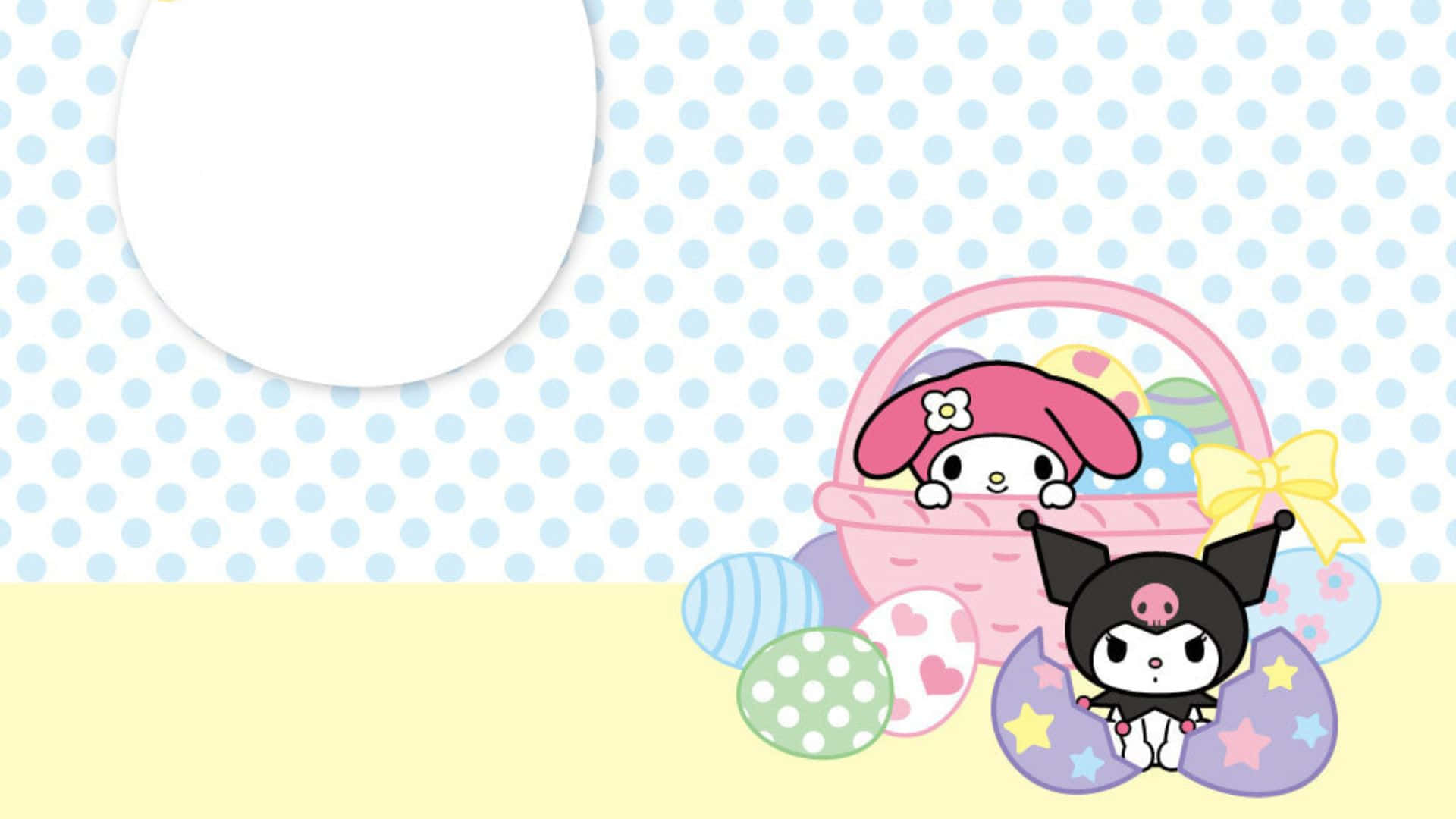 Kuromi And My Melody 桌布 壁紙 — 可愛卡通角色 My Melody 和 Kuromi 從粉紅色復活節籃子裡探出頭來，周圍是色彩繽紛的圖案蛋，背景是圓點圖案。