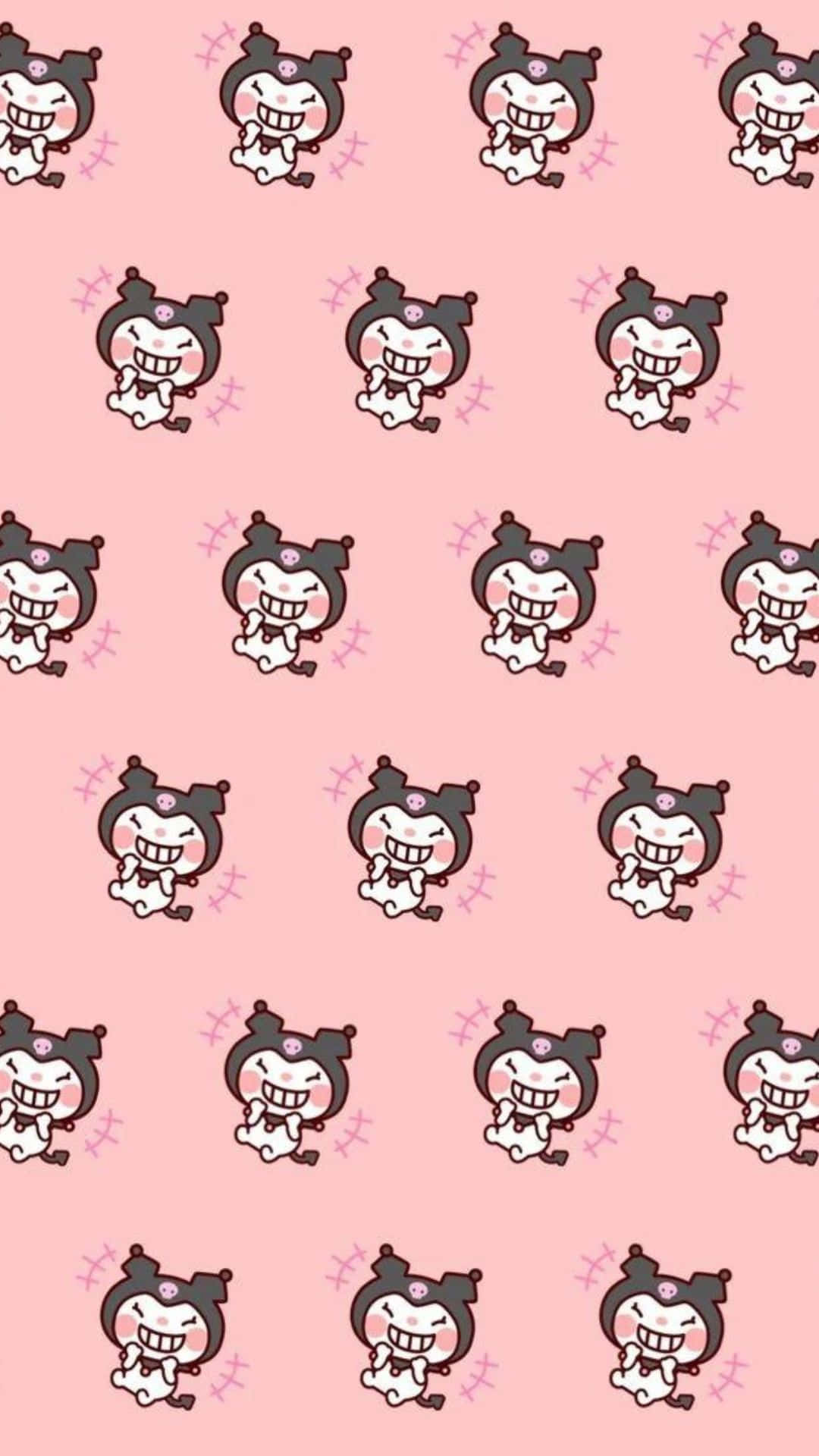 Kuromi Pattern 桌布 壁紙 — 可愛卡通角色Kuromi在柔軟粉紅色背景上帶有閃爍重複圖案，露出燦爛笑容。