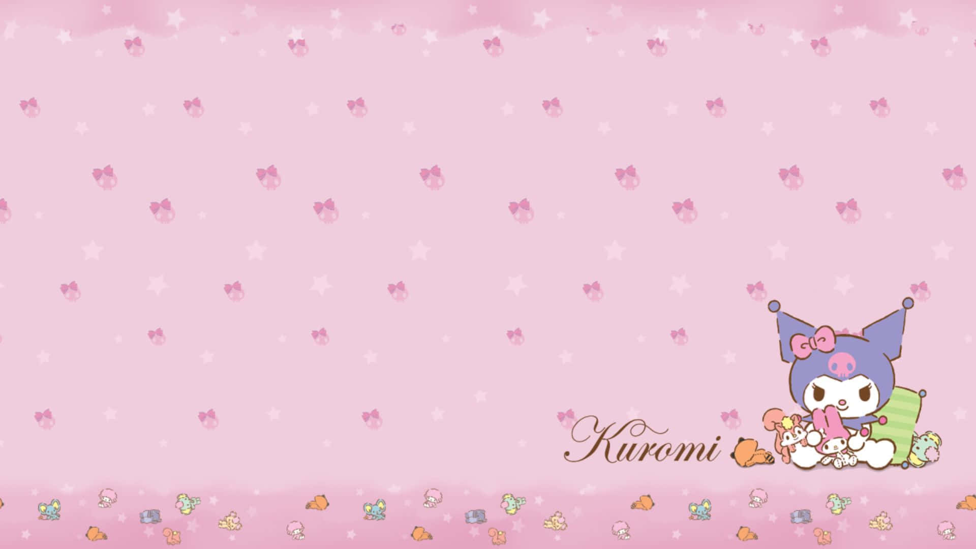 Kuromi Pattern 桌布 壁紙 — 可愛卡通角色Kuromi坐在粉紅色背景上，周圍散落著星星和蝴蝶結。