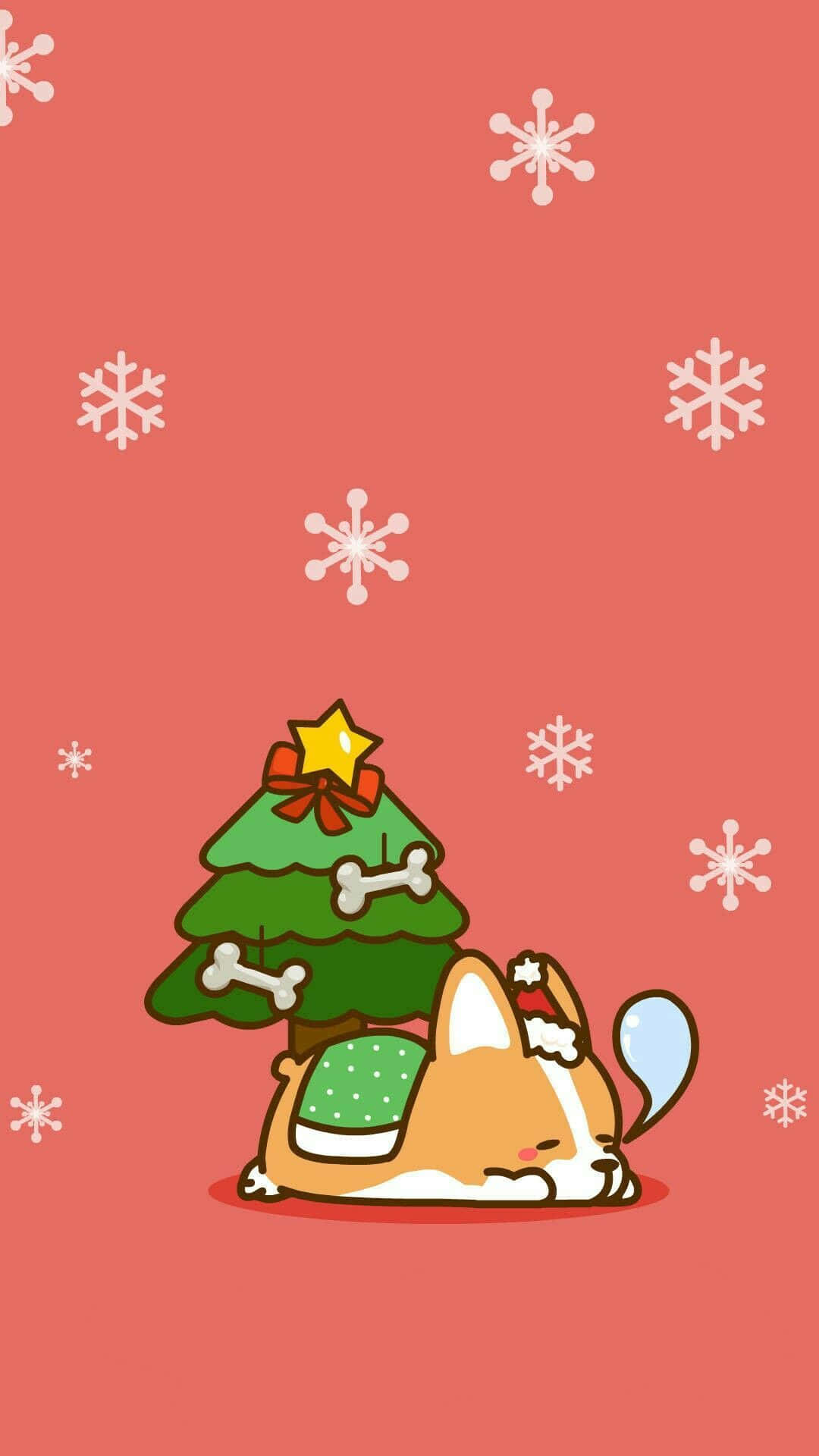 一隻戴著聖誕帽睡覺的柯基犬，旁邊有骨頭裝飾的聖誕樹和雪花。