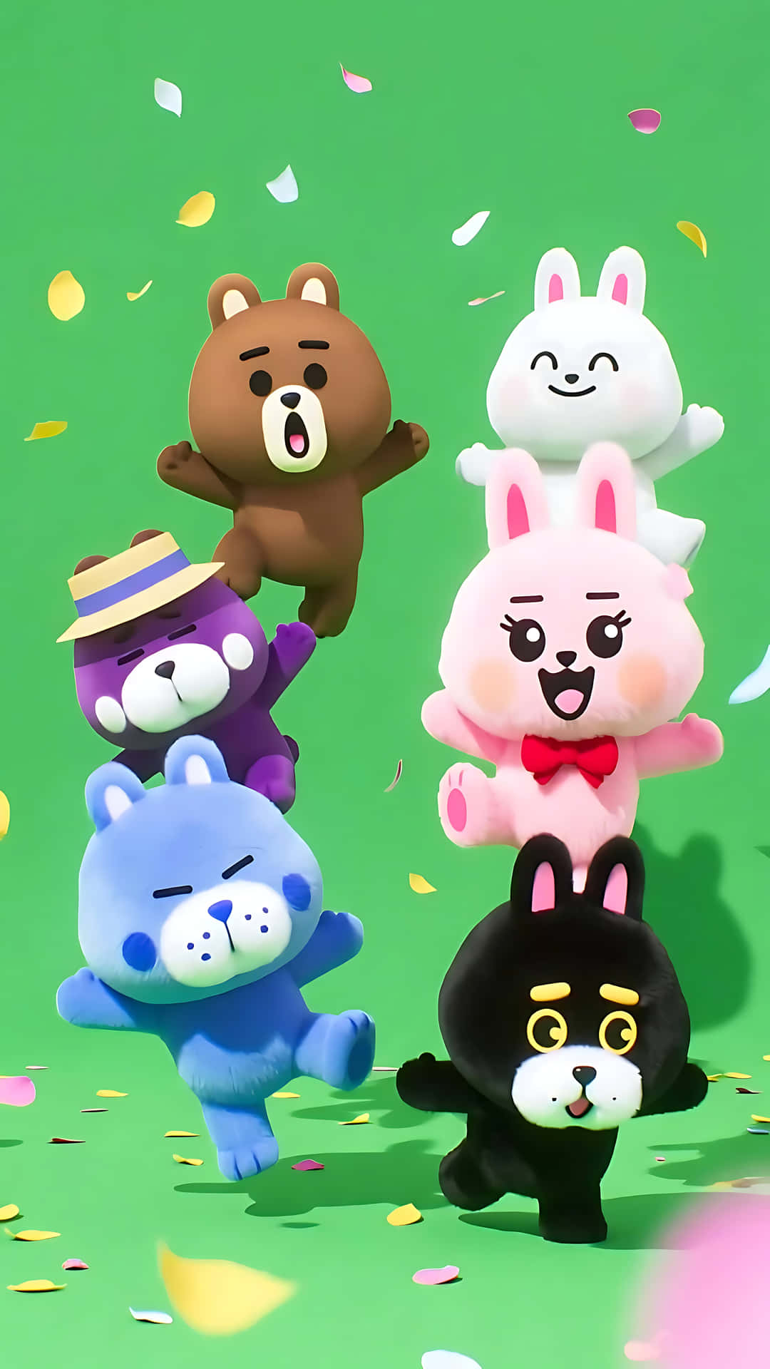 六隻頑皮的卡通動物在綠色背景上跳躍，周圍有五彩紙屑落下