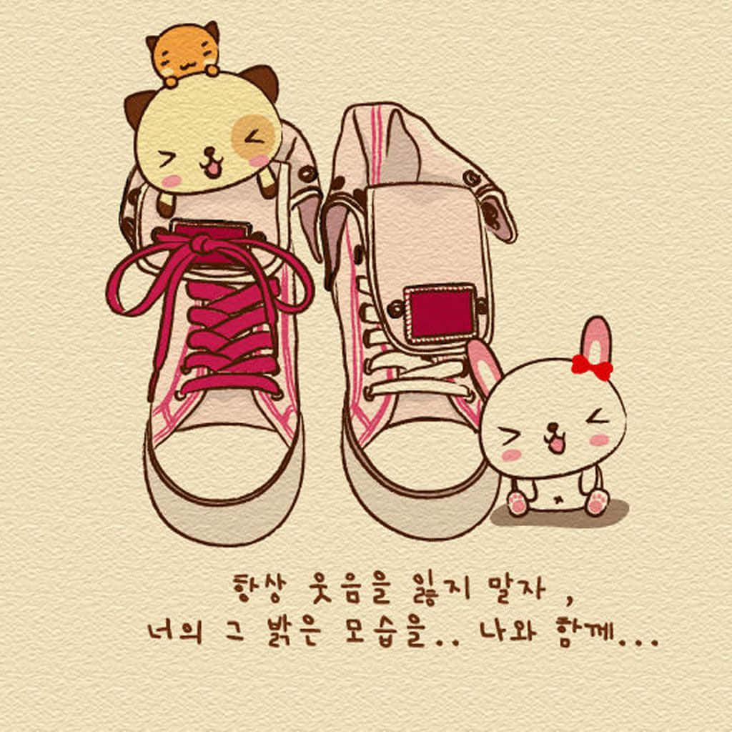 Kpop Kawaii 桌布 壁紙 — 可愛卡通鞋，上面有一隻睡眼惺忪的貓，旁邊有一隻兔子，背景是質感米色。