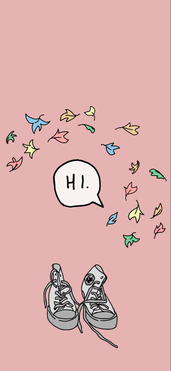 灰色運動鞋，帶有寫著「H.I.」的對話氣泡，周圍漂浮著色彩繽紛的樹葉。