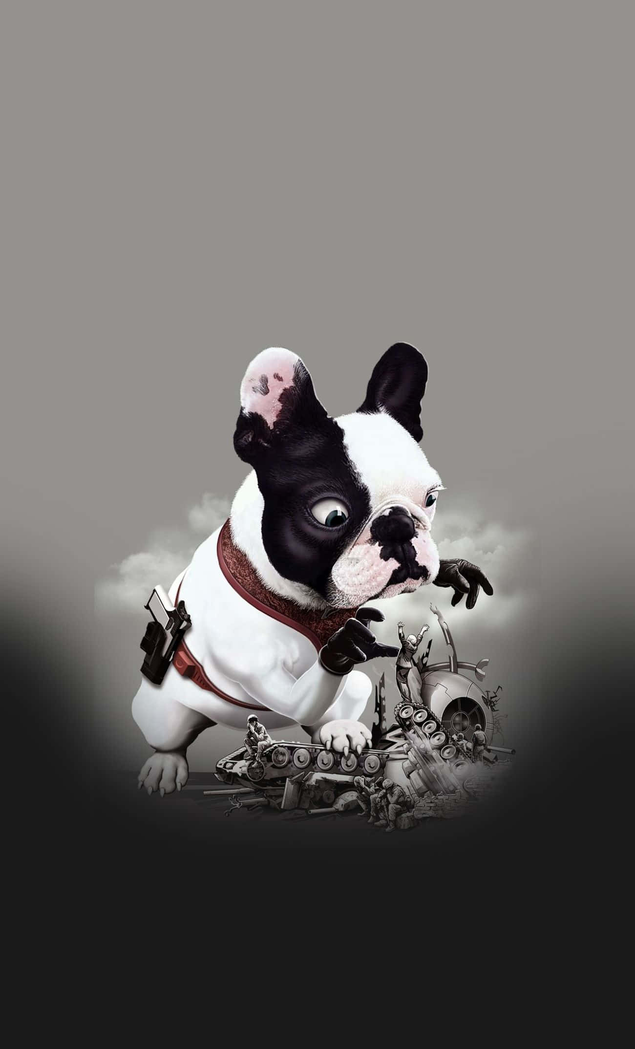 可愛卡通鬥牛犬徒手擋坦克 壁紙 — 一隻黑白法鬥犬身穿蒸氣龐克服裝，站在機械殘骸上，背景是煙霧瀰漫的灰色。
