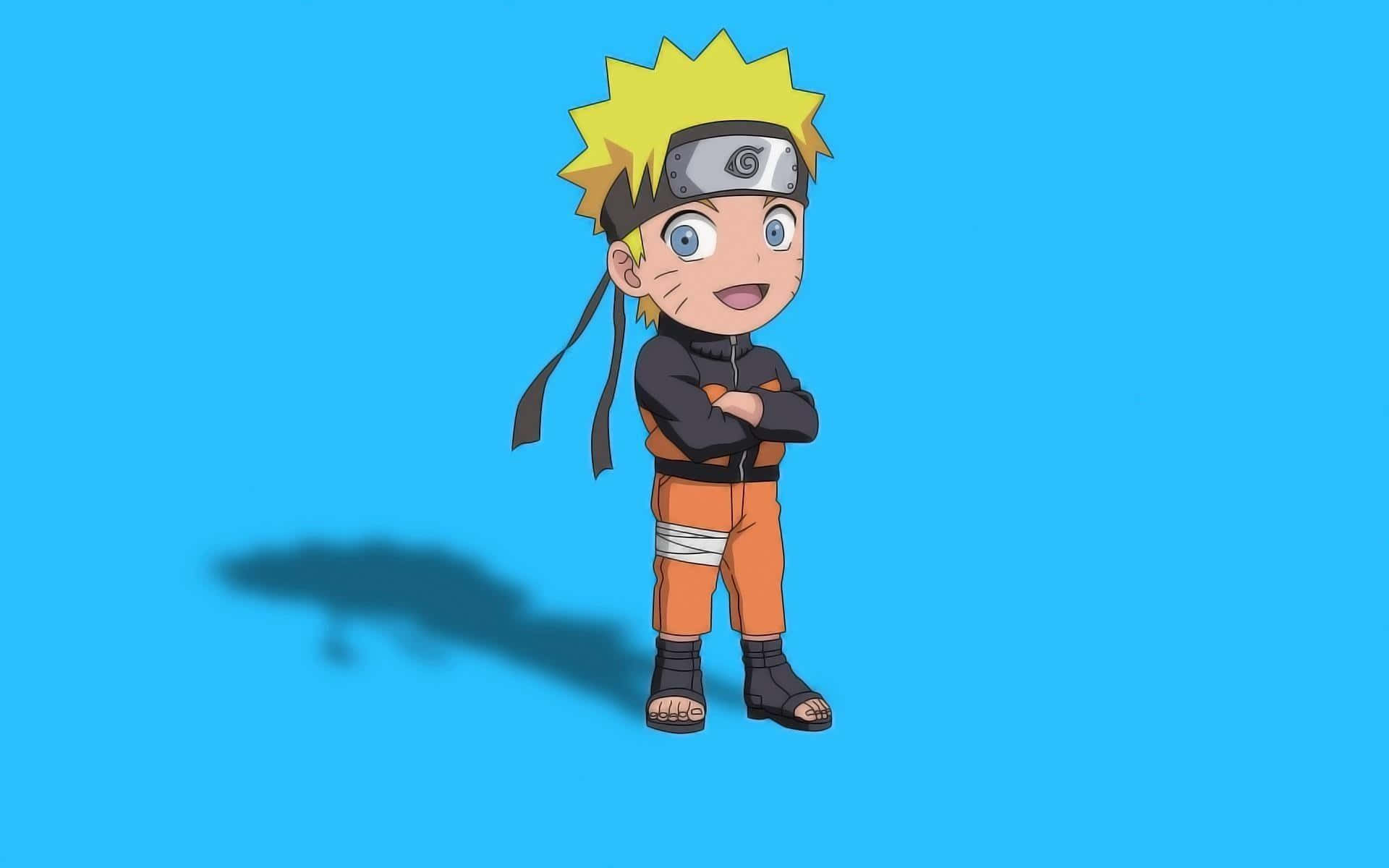 穿著橙色和黑色服裝、戴著頭帶的Chibi Naruto Uzumaki站在藍色背景前。