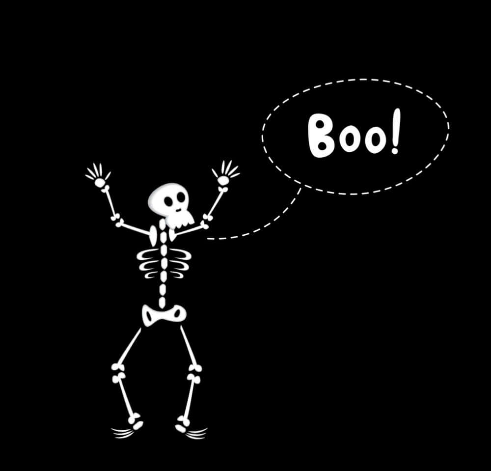 一個卡通骷髏舉起手臂，喺黑色背景上大叫 'Boo!'