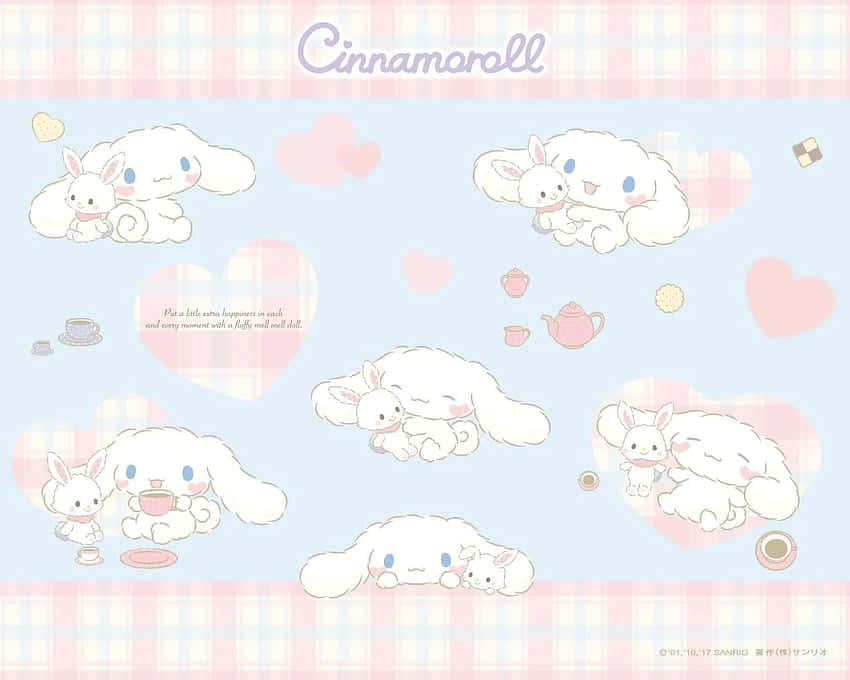 Cinnamoroll 和朋友們在粉彩格紋背景中依偎喝茶。