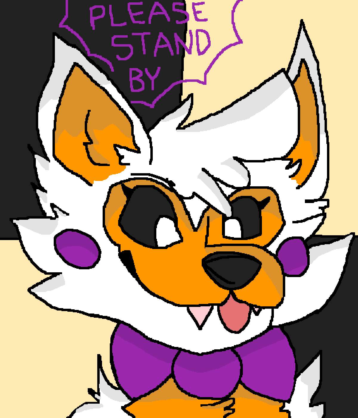 一隻戴住紫色蝴蝶結嘅卡通狐狸講『PLEASE STAND BY』。