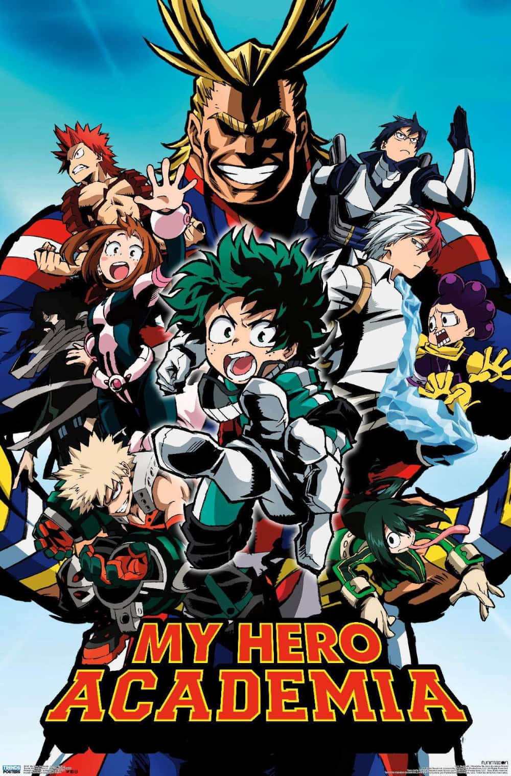 My Hero Academia 動畫角色以英雄姿勢搭配粗體標題。