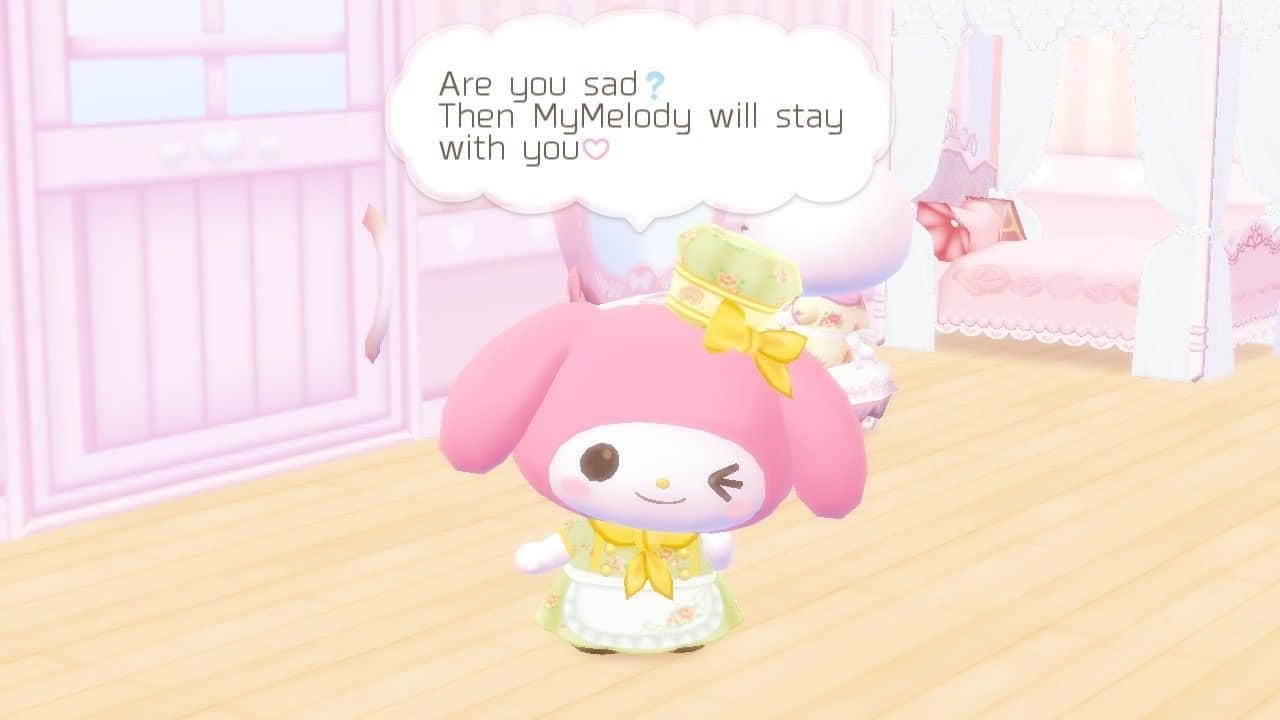可愛又有趣的My Melody — 准備冒險吧！ 壁紙 — 一個穿著黃色連衣裙的粉紅色MyMelody角色在粉彩粉紅色臥室裡安慰，地板是木質的。