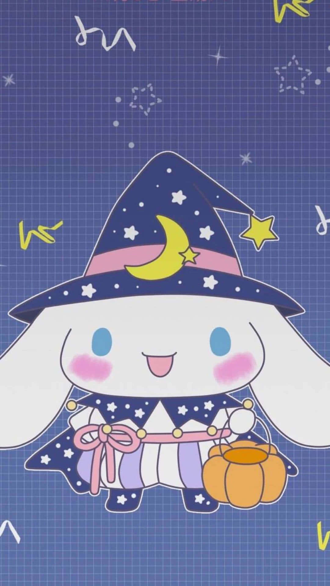 可愛兔女巫在星星網格背景上拿著南瓜桶