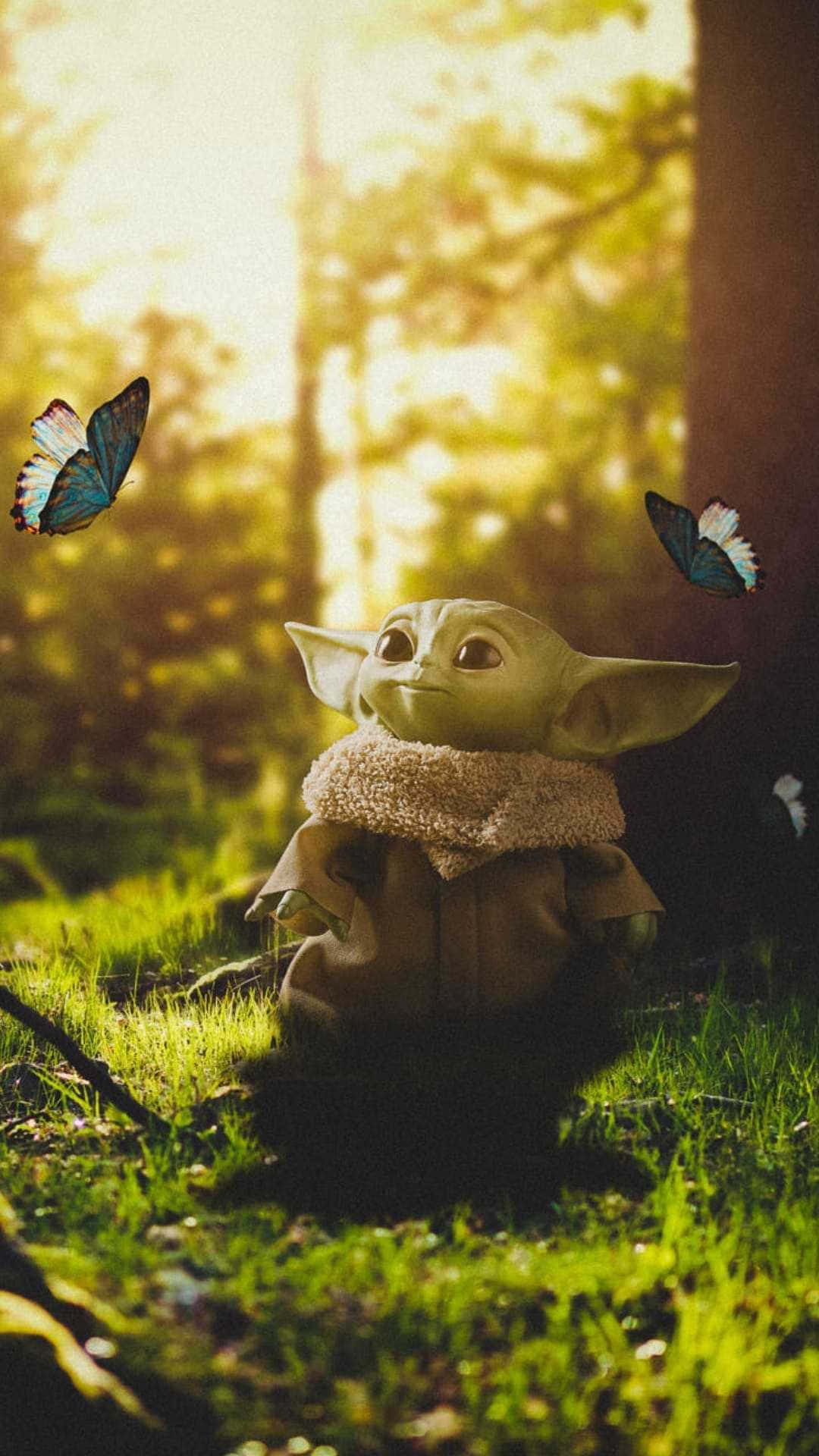 可愛又療癒的Baby Yoda美學壁紙 壁紙 — 一個細小的綠色 Baby Yoda 在陽光明媚的森林中平靜地坐著，兩隻藍色蝴蝶在附近飛舞。