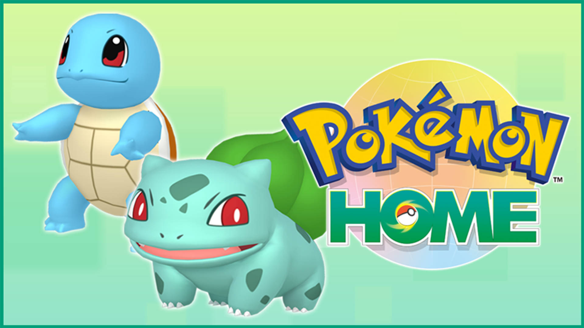 車厘龜和奇異種子喺Pokémon HOME標誌旁邊微笑。
