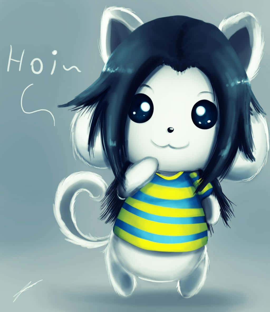 可愛又親切的Temmie來自《Undertale》 壁紙 — 一個可愛嘅 chibi 貓仔角色，黑色頭髮，著住藍黃間條衫，喺柔和灰色背景前沉思擺甫士。