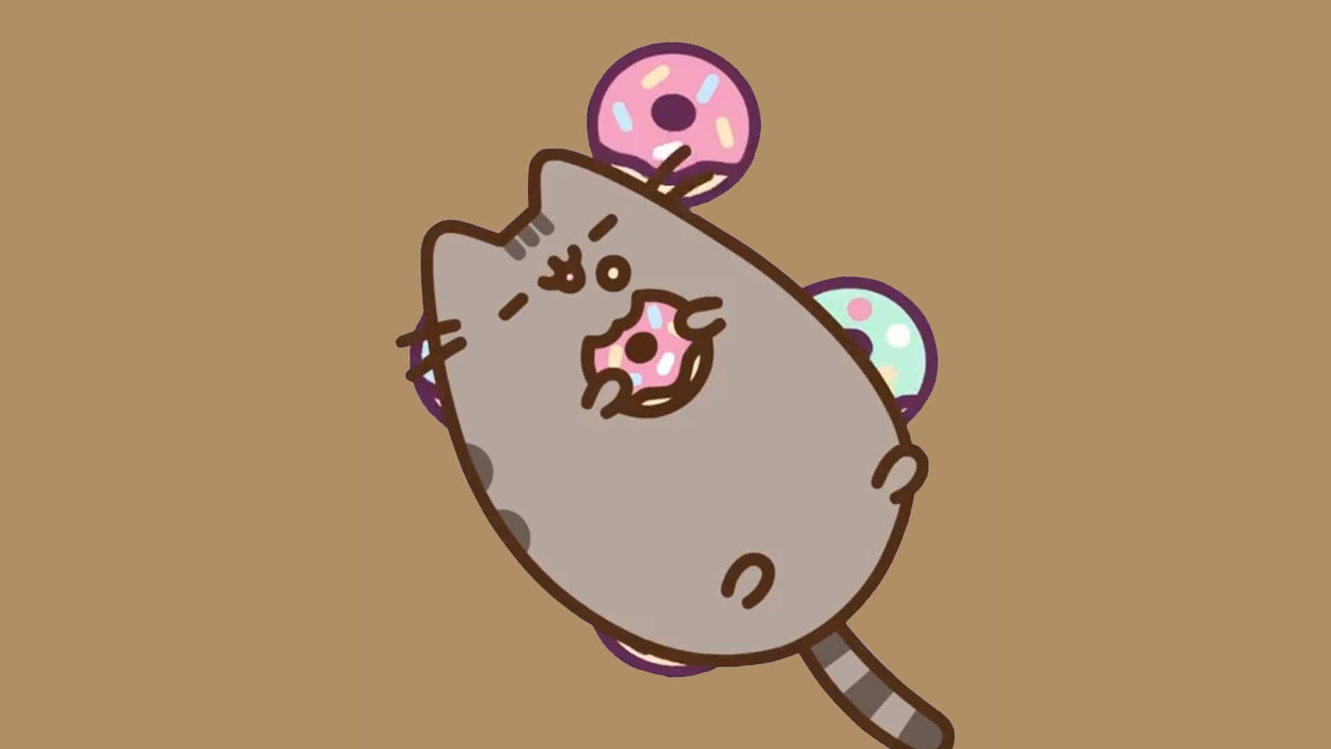 一隻胖乎乎的卡通貓咪正在吃一個帶有彩色糖粒的粉紅色糖霜甜甜圈。