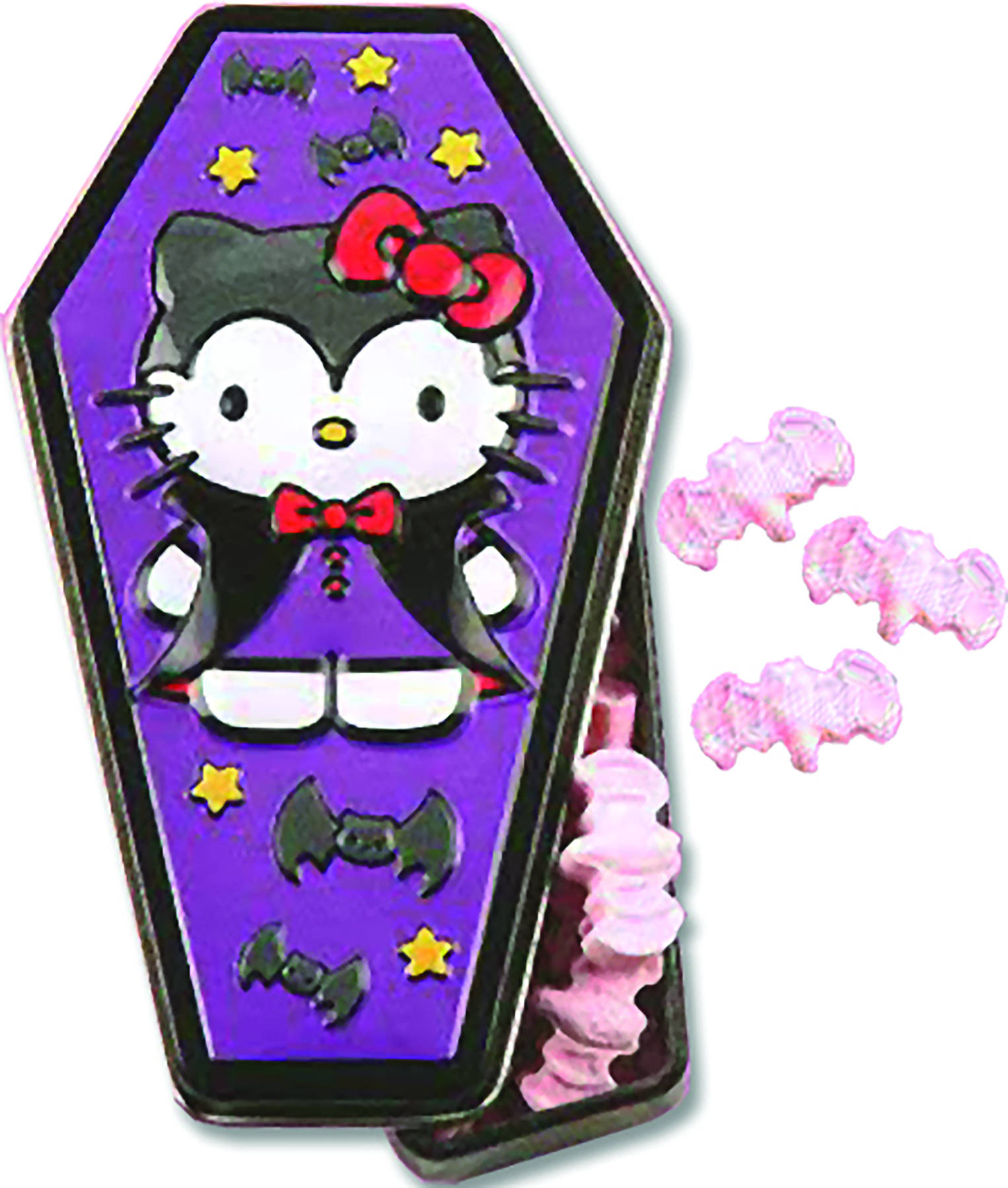 可愛又詭異的Hello Kitty萬聖節場景 壁紙 — Hello Kitty 喺紫色棺材入面，有蝙蝠同星星，着住黑色吸血鬼衫同紅色蝴蝶結。