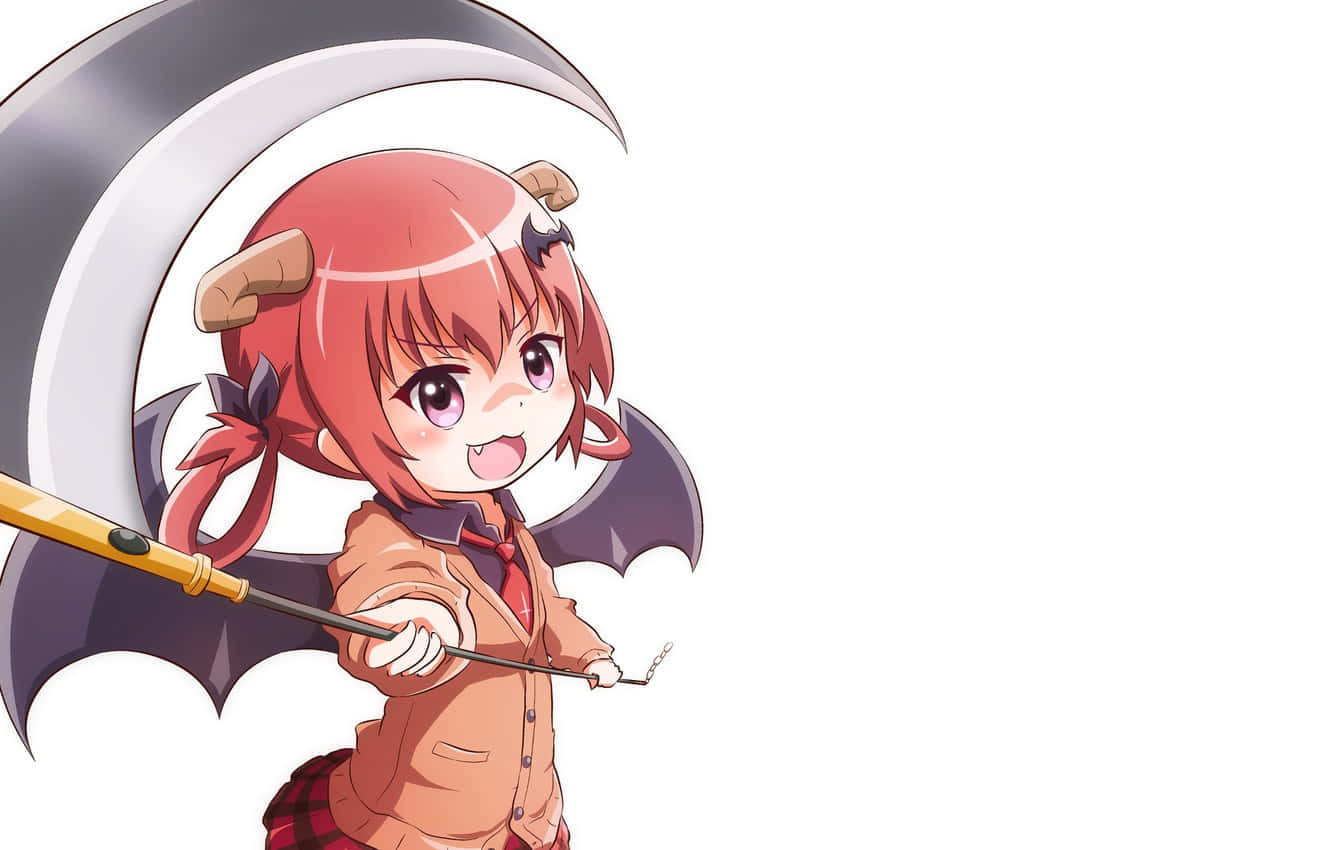 紅髮、有角、蝙蝠翅膀的動漫女孩手持鐮刀。