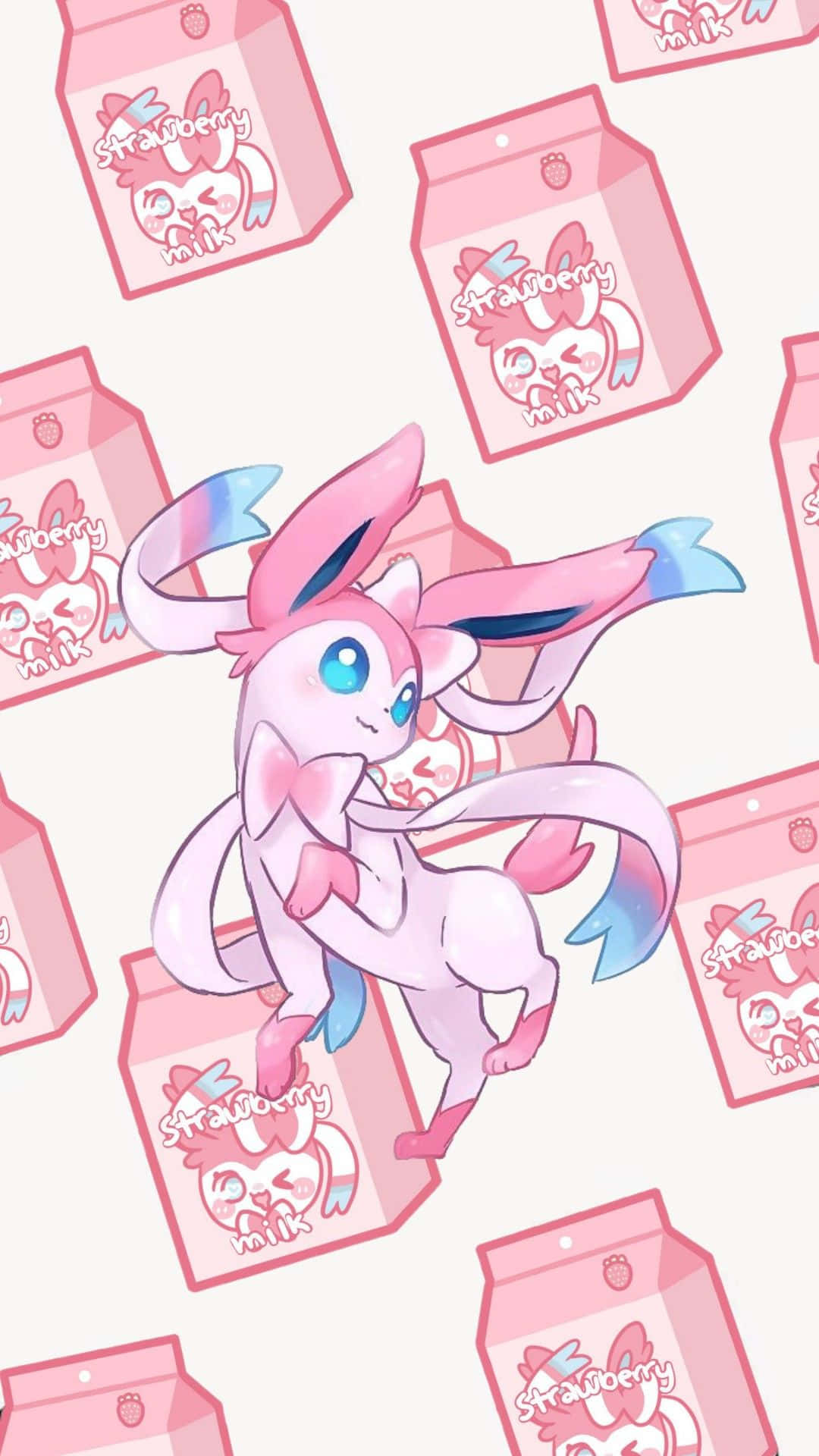 粉紅色動漫Sylveon在士多啤梨牛奶盒之間跳躍。