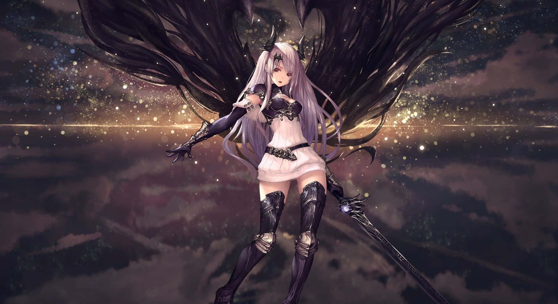 動漫女孩黑色翅膀和劍在星空下