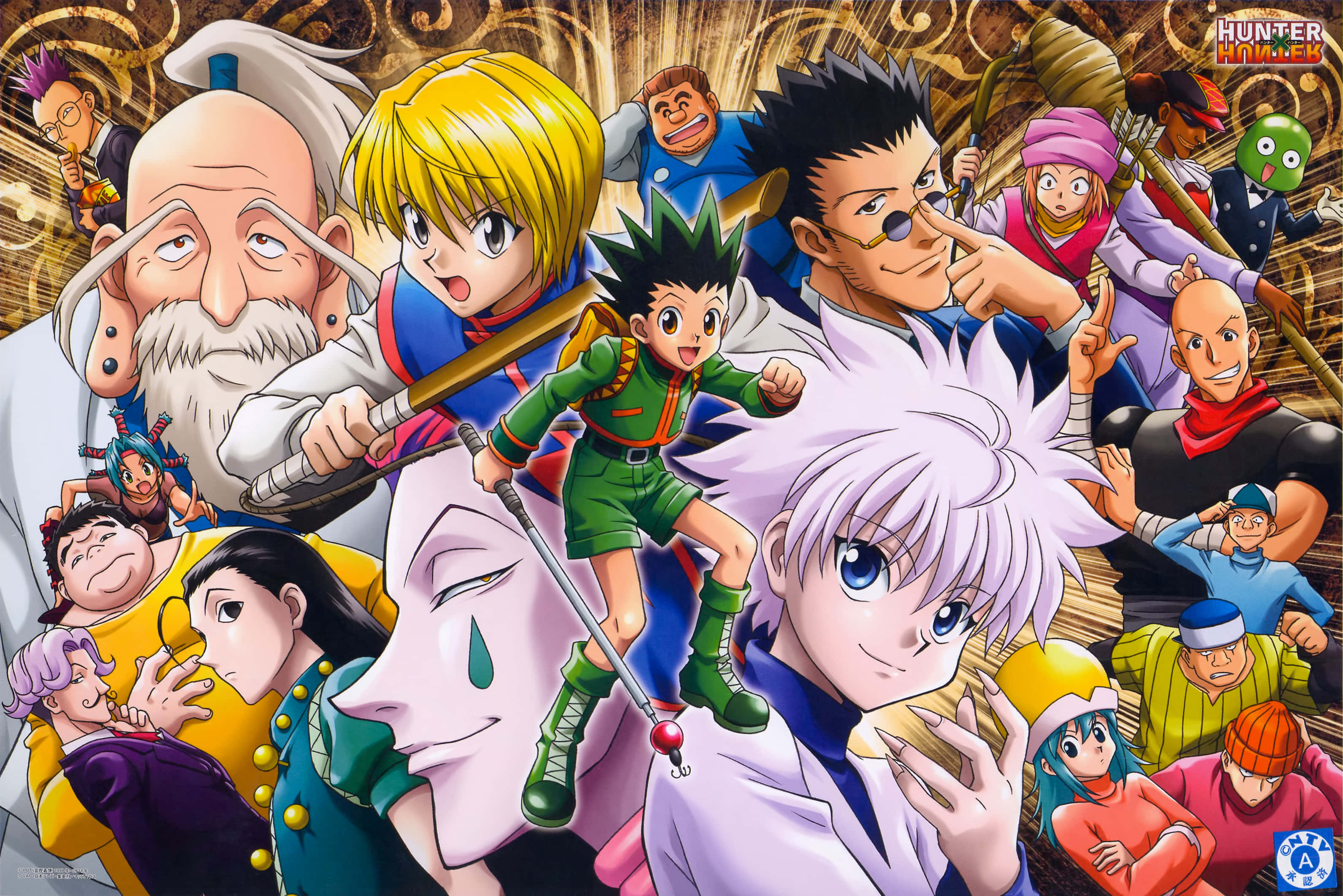 可愛又酷的獵人X獵人 壁紙 — 一幅充滿活力的動畫拼貼畫，描繪了《Hunter x Hunter》角色在金色華麗背景前的動感姿態。