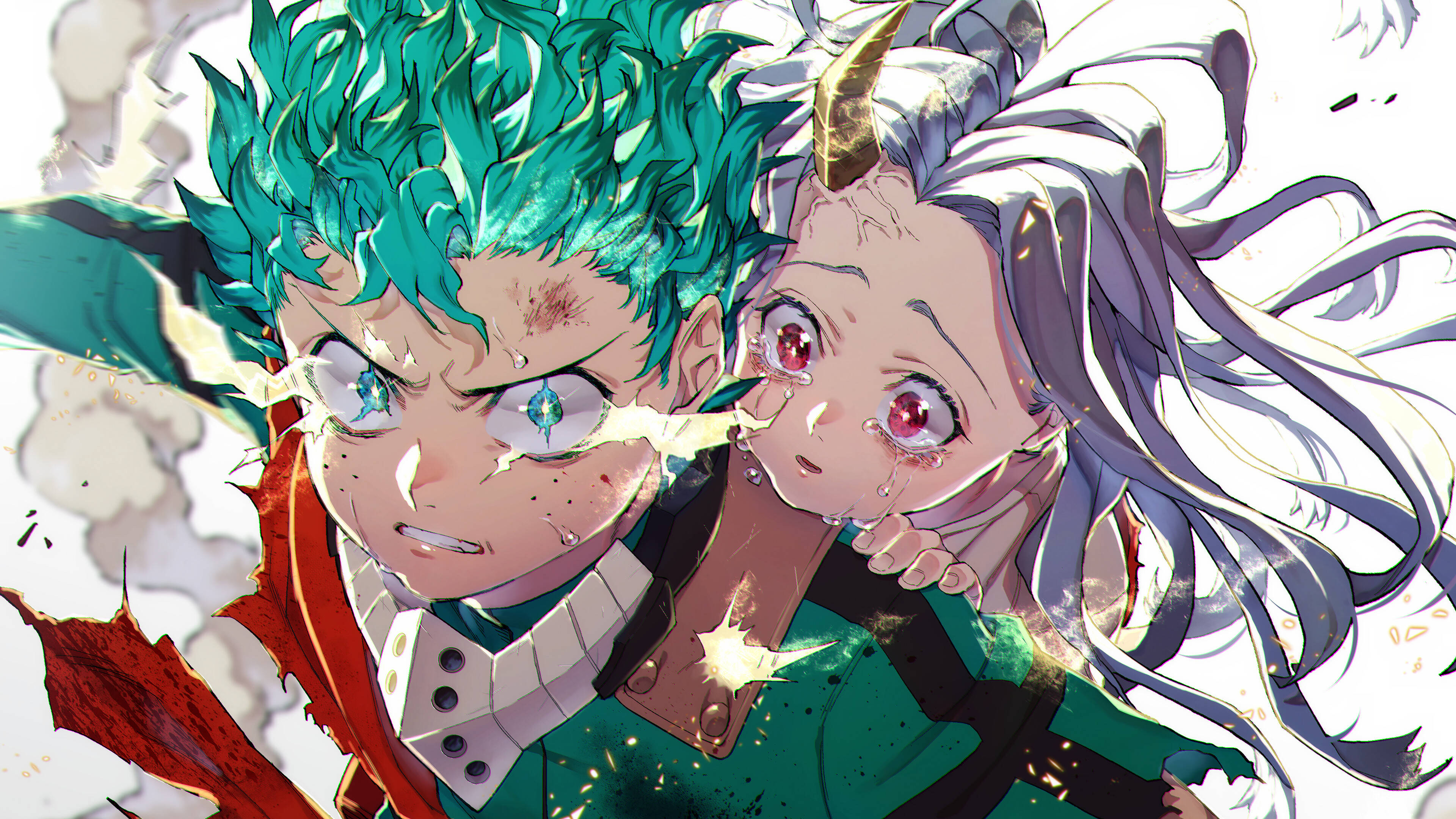 可愛反派 Deku 救援 Eri 壁紙 — 兩個動漫角色以綠色頭髮和白色頭髮在爆炸性能量效果中擺出激烈戰鬥姿勢。