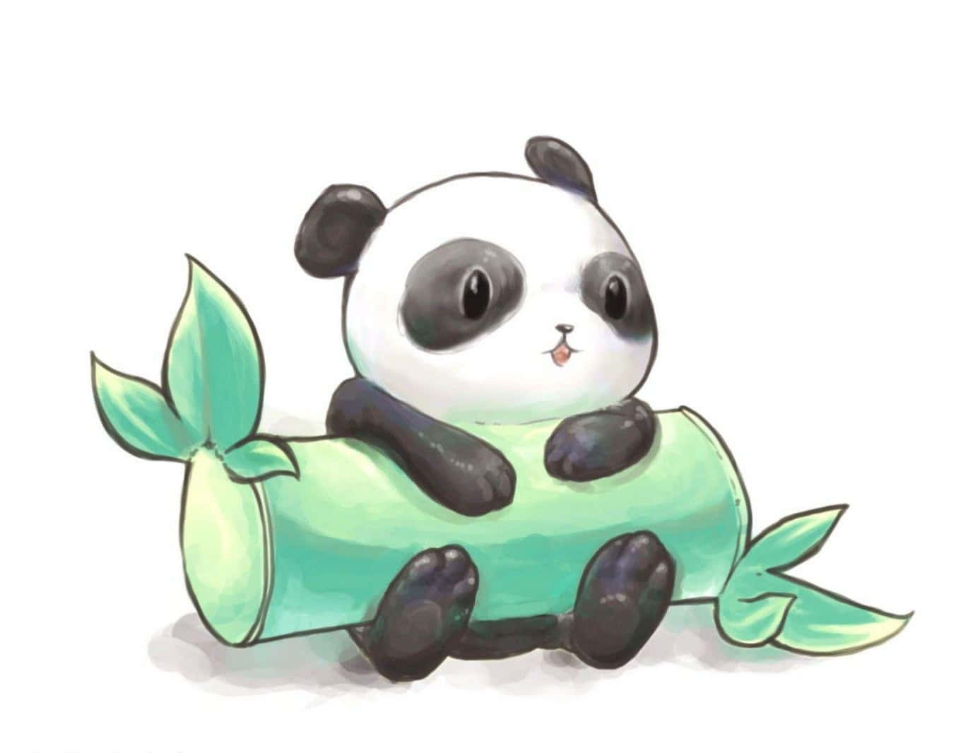 可愛可愛熊貓插畫 壁紙 — 一隻可愛的大眼睛卡通熊貓坐在純白色背景前，抱著一根綠色的竹莖。