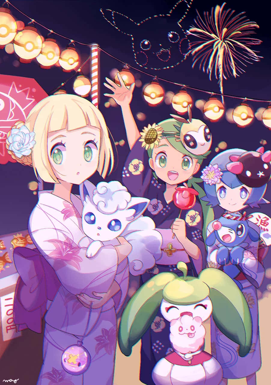 穿著浴衣的動漫角色在夜祭中慶祝，有燈籠和煙火。