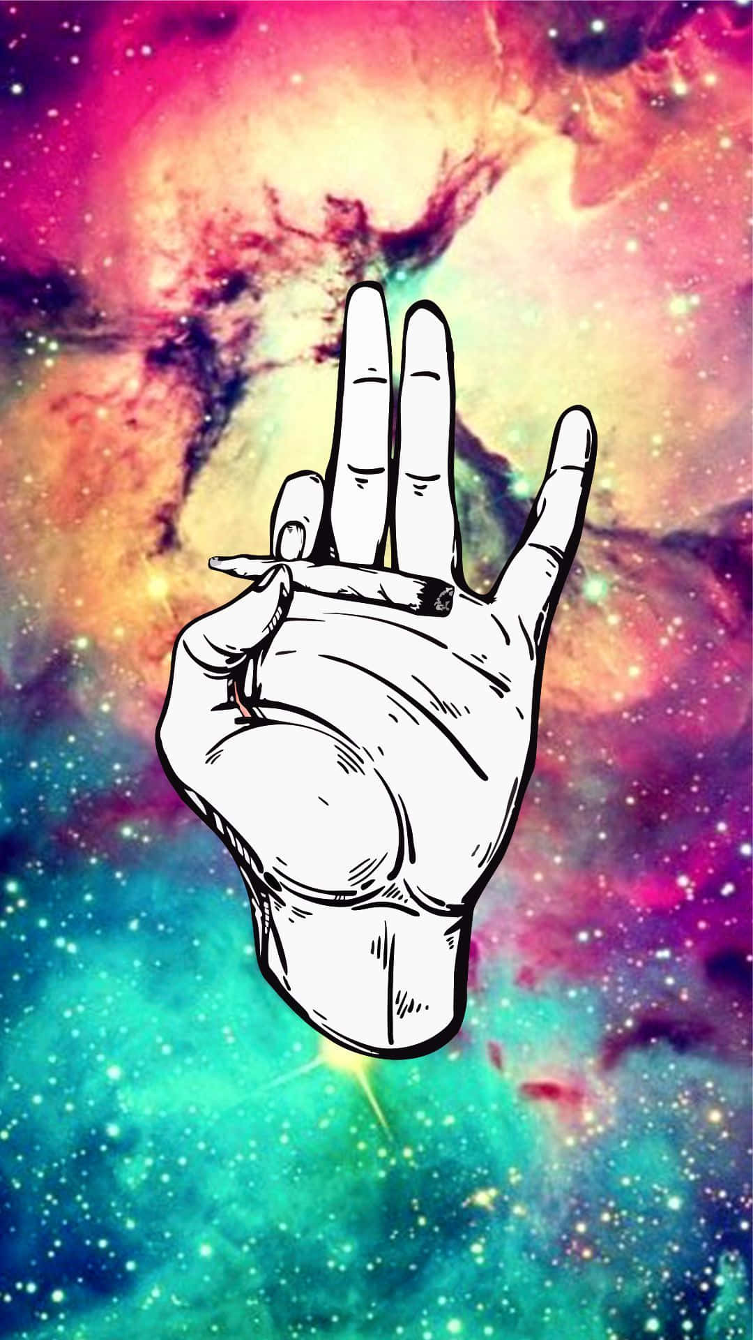 手在彩色太空背景下拿著香煙