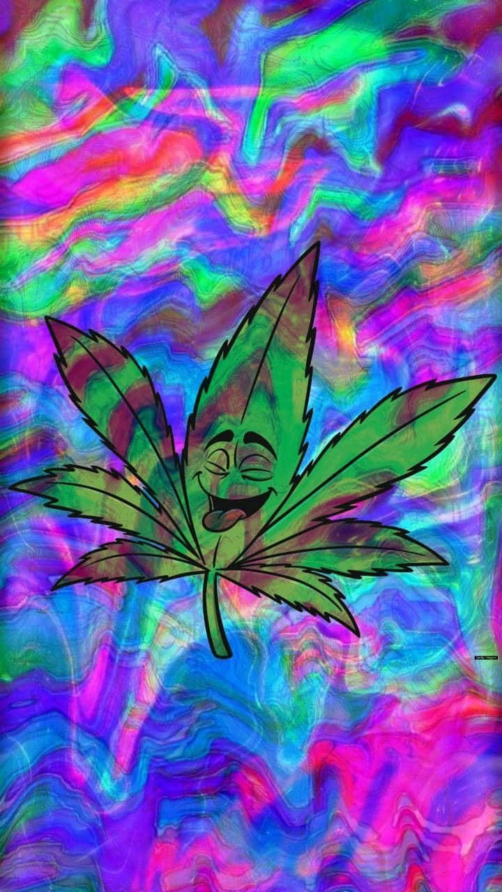 微笑的大麻葉卡通圖案在旋轉的彩虹背景上。