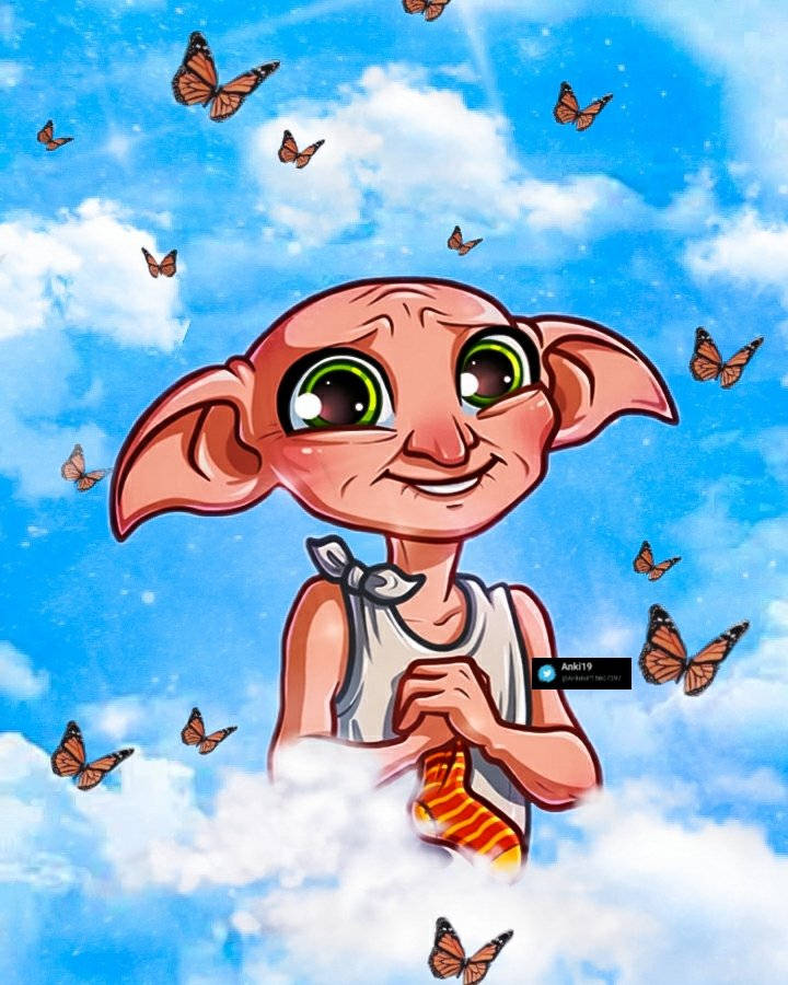 卡通多比在充滿蝴蝶和雲朵的天空中微笑。