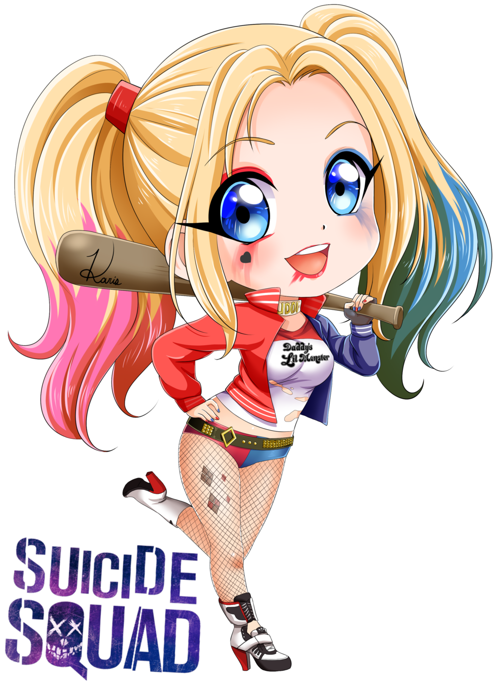 可愛哈莉·奎茵《自殺小隊》 壁紙 — Chibi Harley Quinn 彩色辮子和棒球棍在黑色背景上愉快地微笑。