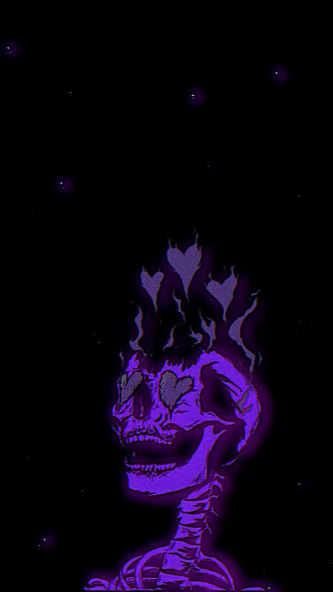 紫色發光骷髏頭帶心形火焰漂浮在星空
