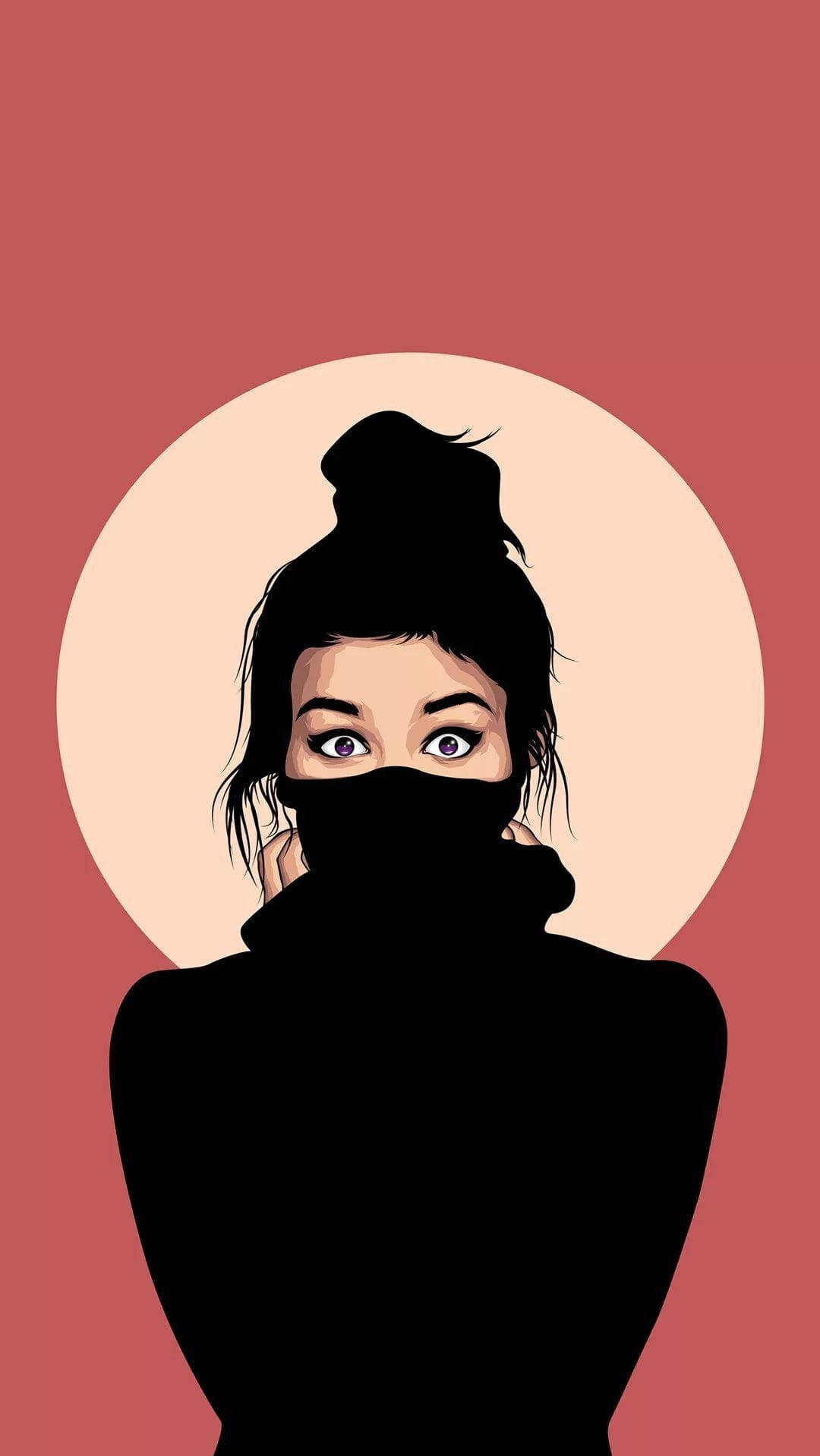 紫色眼睛的女性戴著黑色面罩，背景為粉紅色。