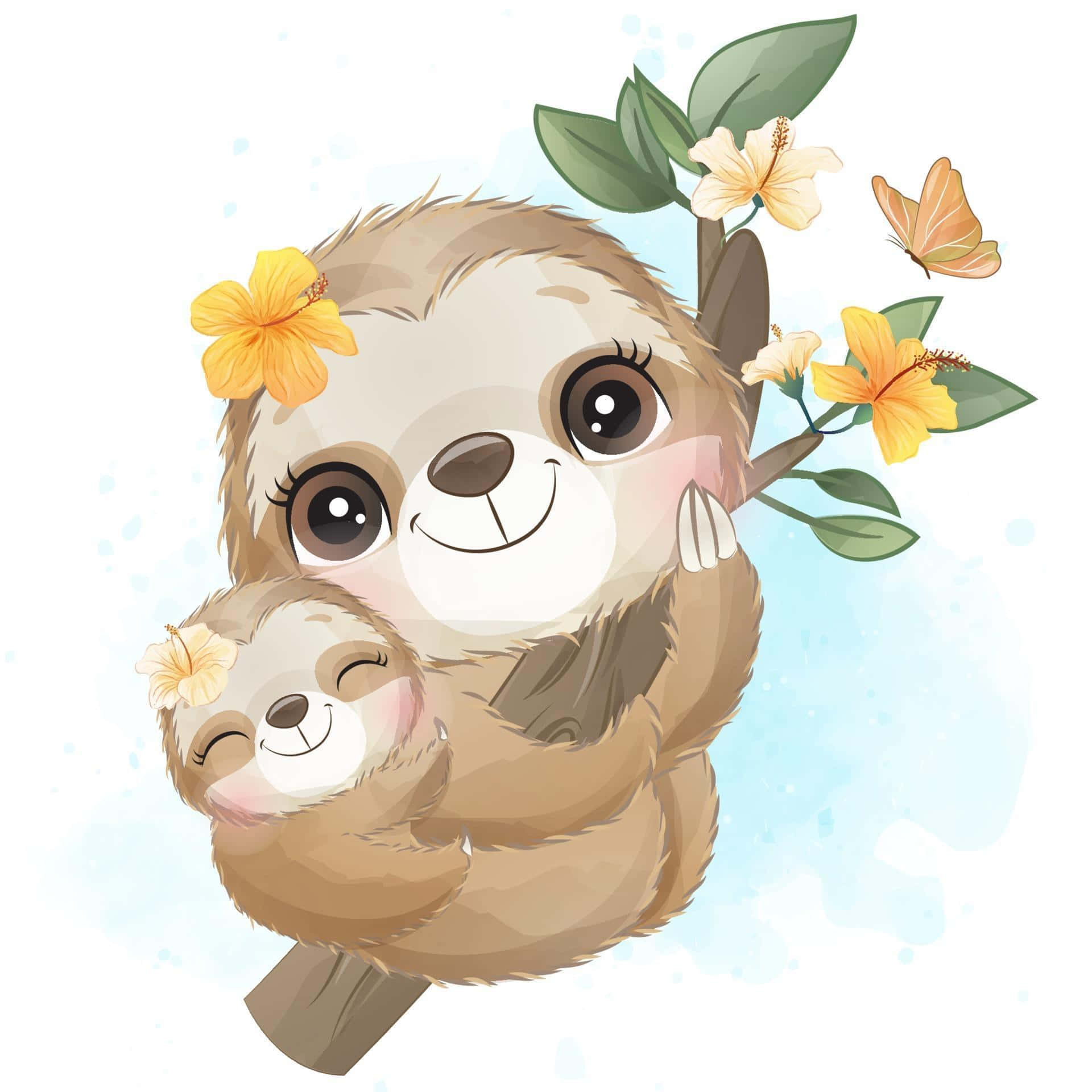Kawaii Sloth 桌布 壁紙 — 可愛嘅卡通樹懶媽媽同BB抓住一條裝飾住黃色芙蓉花同蝴蝶嘅樹枝，背景係柔和嘅藍色水彩。