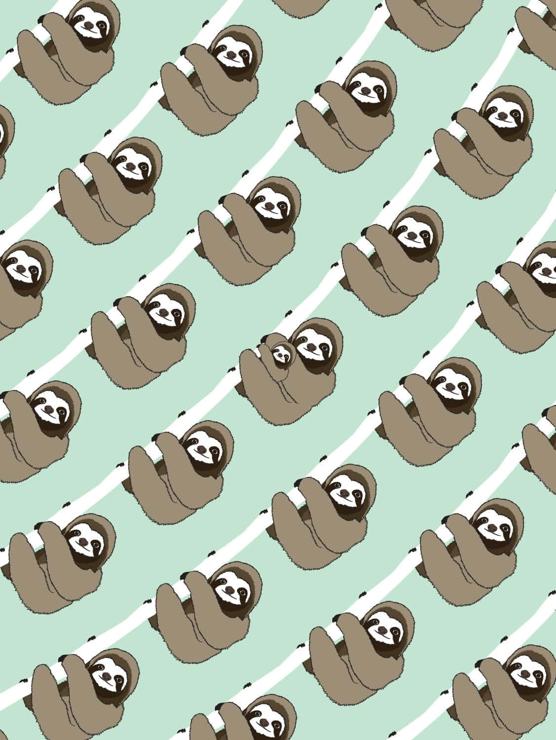 Kawaii Sloth 桌布 壁紙 — 可愛嘅卡通樹懶掛喺白色樹枝上，背景係柔和嘅薄荷綠色，形成重複圖案。