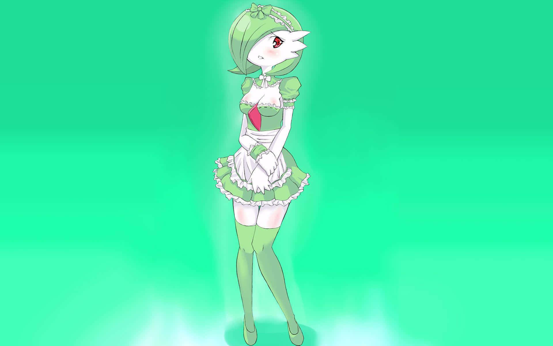 綠髮和服裝的動漫女僕角色，站在發光的綠色背景前。