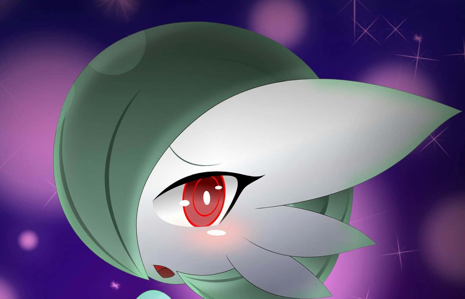在紫色星空背景下，擁有綠色頭髮和發光紅色眼睛的動漫角色。