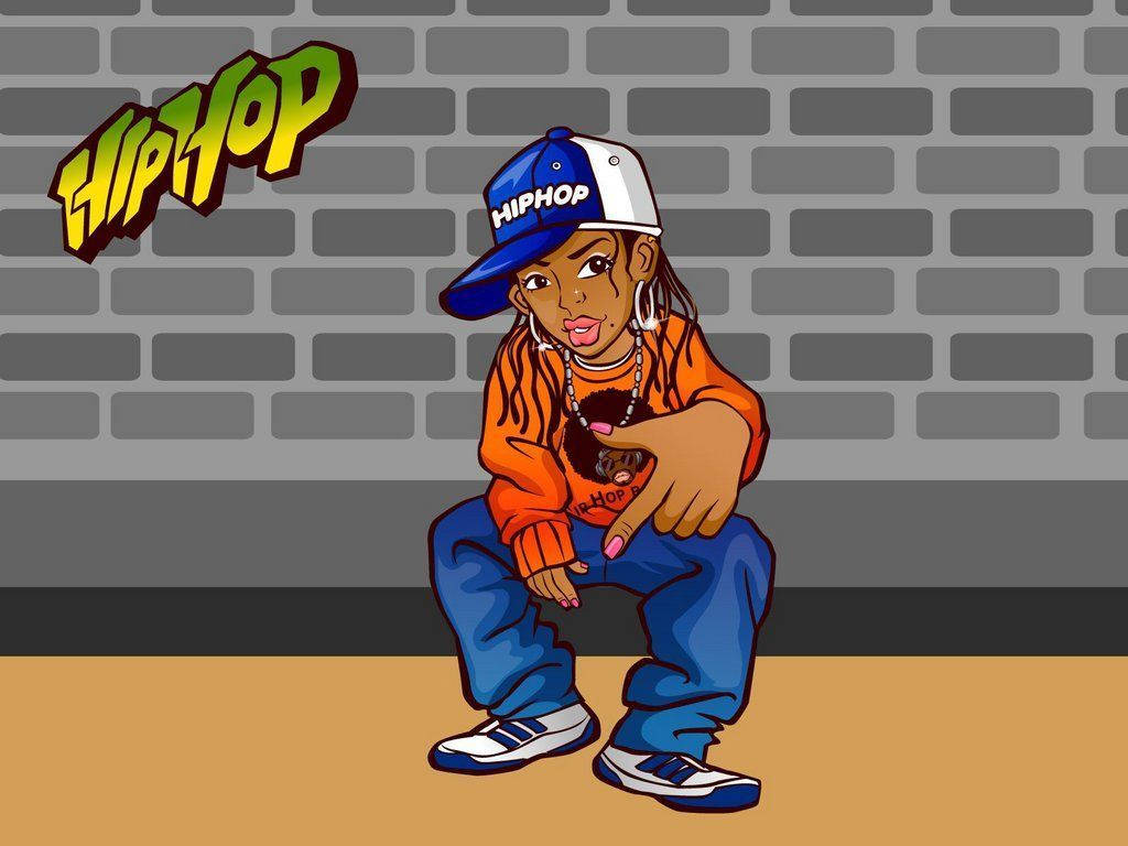 卡通女孩穿著嘻哈服裝蹲在磚牆前，有「HIP HOP」文字。