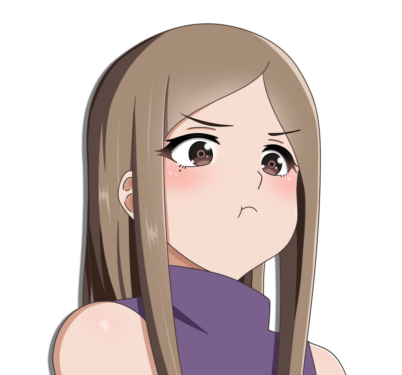 可愛噘嘴的宇智波伊緒美 壁紙 — 長棕色頭髮、臉頰泛紅的動漫女孩，在純白背景前看起來有點惱火。